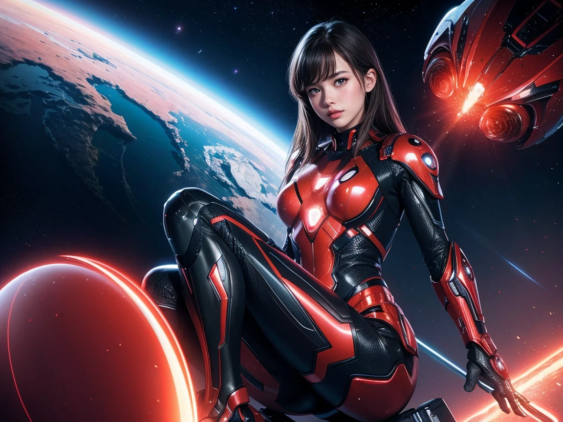 (Raw photo, highest quality), (realistic, Photoreal:1.3), 1 girl、realisticbody、strawberry battle suit costume、Meteor shower coming from space、Battle against reptilian aliens、shield and ray gun、smile