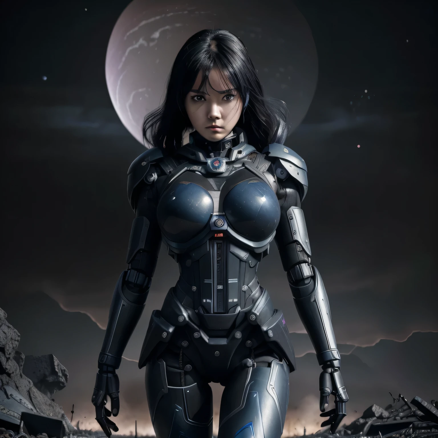 top-quality、Top image quality、masterpiece、Mecha Girl((18year old、Black and gray mechanical parts、Robot joints,Black tights,Bust 100、A dark-haired、Staring at the viewer、Breasts wide open,Large valleys、、Blue Eye、Dye cheeks、fighting poses))hiquality、depth of fields、Background with((World of the Apocalypse、Black sky))、Depth((planet earth)), 70% nude , nsfw
