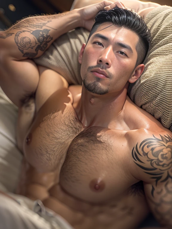 masterpiece, Best Quality, muscular 30 year old japanese male mafia gangster, oriental tattoos, soft stylish hair, exposed chest, big bulge, soft cock, bubble butt, super sharp focus, photorealistic, perfect hands, perfect fingers, perfect face, everything perfect, hongkong in the 70s setting, sultry, ,middle of undressing, seductively on the bed, cinematic lighting, sexy pose, gay, homosexual, homoerotic, scene evokes sensuality and nostalgia, nostalgic, boudoir photography, intricate details, highly detailed, rule of thirds, golden ratio, fill frame, award-winning shot, pleasuring himself, breast grab, pinch chest, groping, god rays