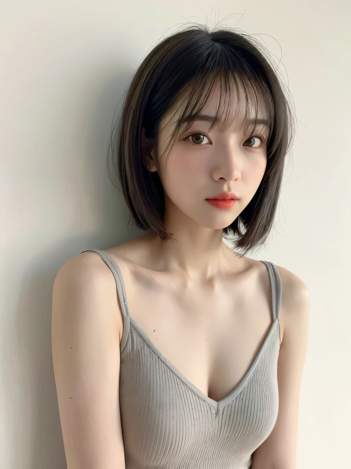 see-through tops、beige long sleeve dress、(背景にwhite wall、Part of the hair is light gray:1.4)、white wall、Taken in front of the white door、(窓のあるwhite wallの部屋)、((highest quality、8K、masterpiece:1.3))、ultra high resolution、(photogenuineistic:1.4)、RAW photo、Japanese,(face)、genuine、Photographed in natural light、Highly detailed face and skin texture、highly detailed lips、correct state of the human body、bob cut、bob hair、short hair、black hair、various poses、natural color lip