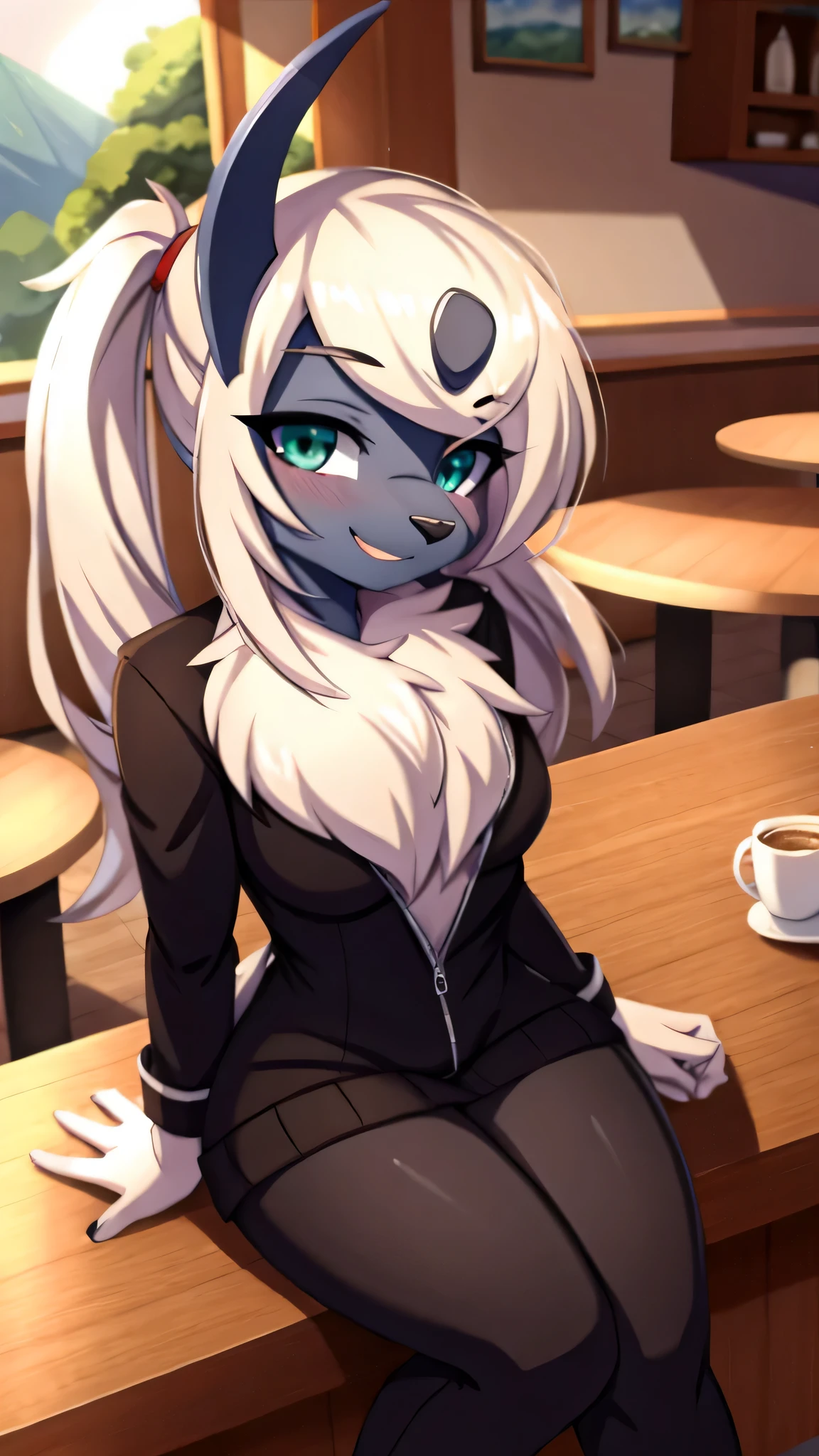 By zinfyuu on pixiv,by twistedscarlet60, uploaded on pixiv, by fluff-kevlar, (masterpiece), (best quality), (anthro furry:1.3, snout:1.2, anthro:1.3, furry:1.2, solo female:1.2), (extremely detailed:1.3), (Detailed eye part: White lens, green iris,black cornea), nude, sfw, absol, view on viewer, Slim body, sweet smile, Focus looking at viewer, day, in cafe, sitting, dating with viewer, coffe, blushing