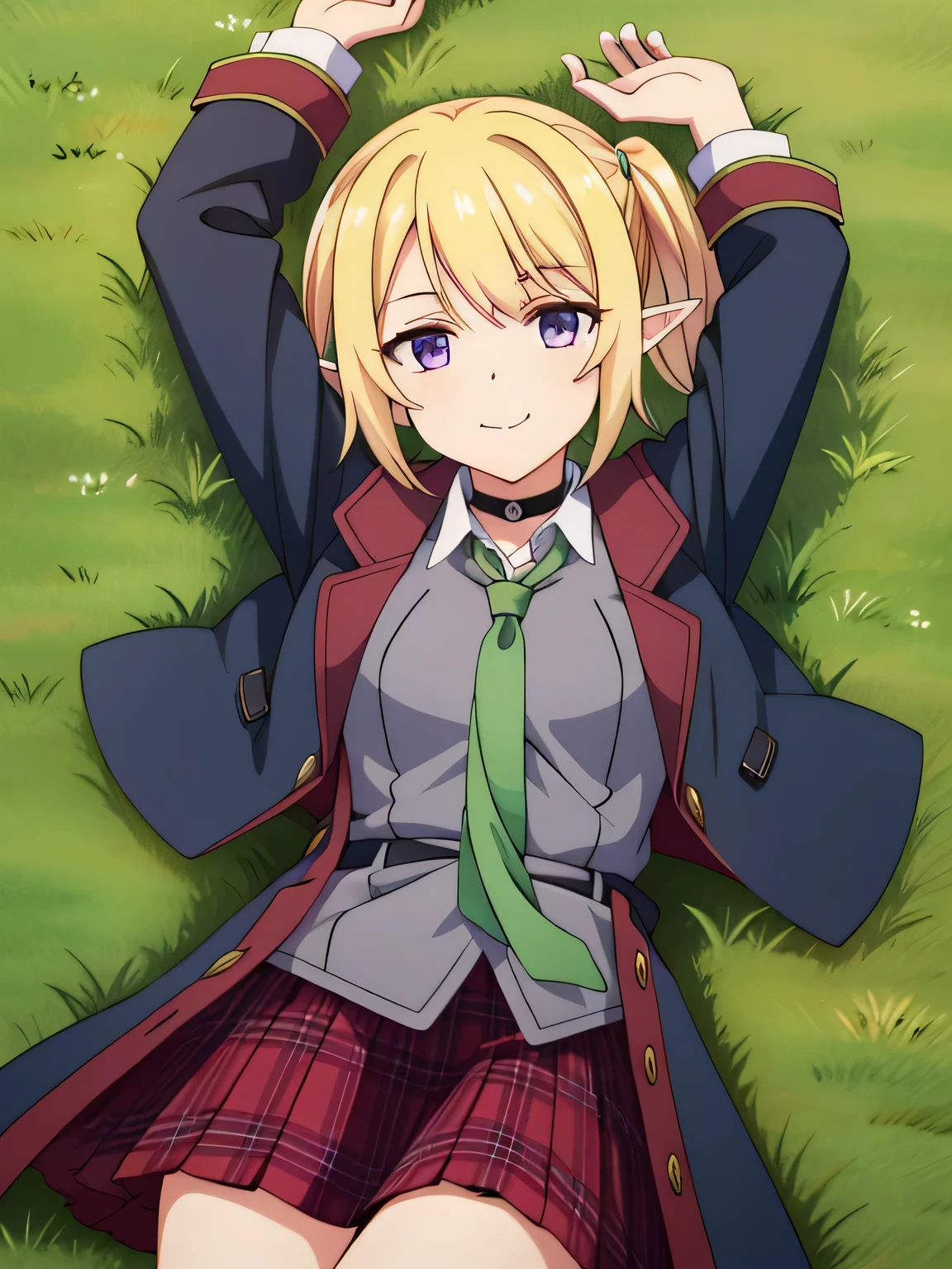 chloe-school, twintails, purple eyes, blonde hair, pointy ears, st. theresa's girls academy , pleated skirt, plaid skirt, red skirt, choker, black coat, green necktie, solo, lying, , closed mouth, solo, spread arms, arms up, smile, lying, on back, on grass, looking at viewer, solo, in the center, cowboy shot, high quality,