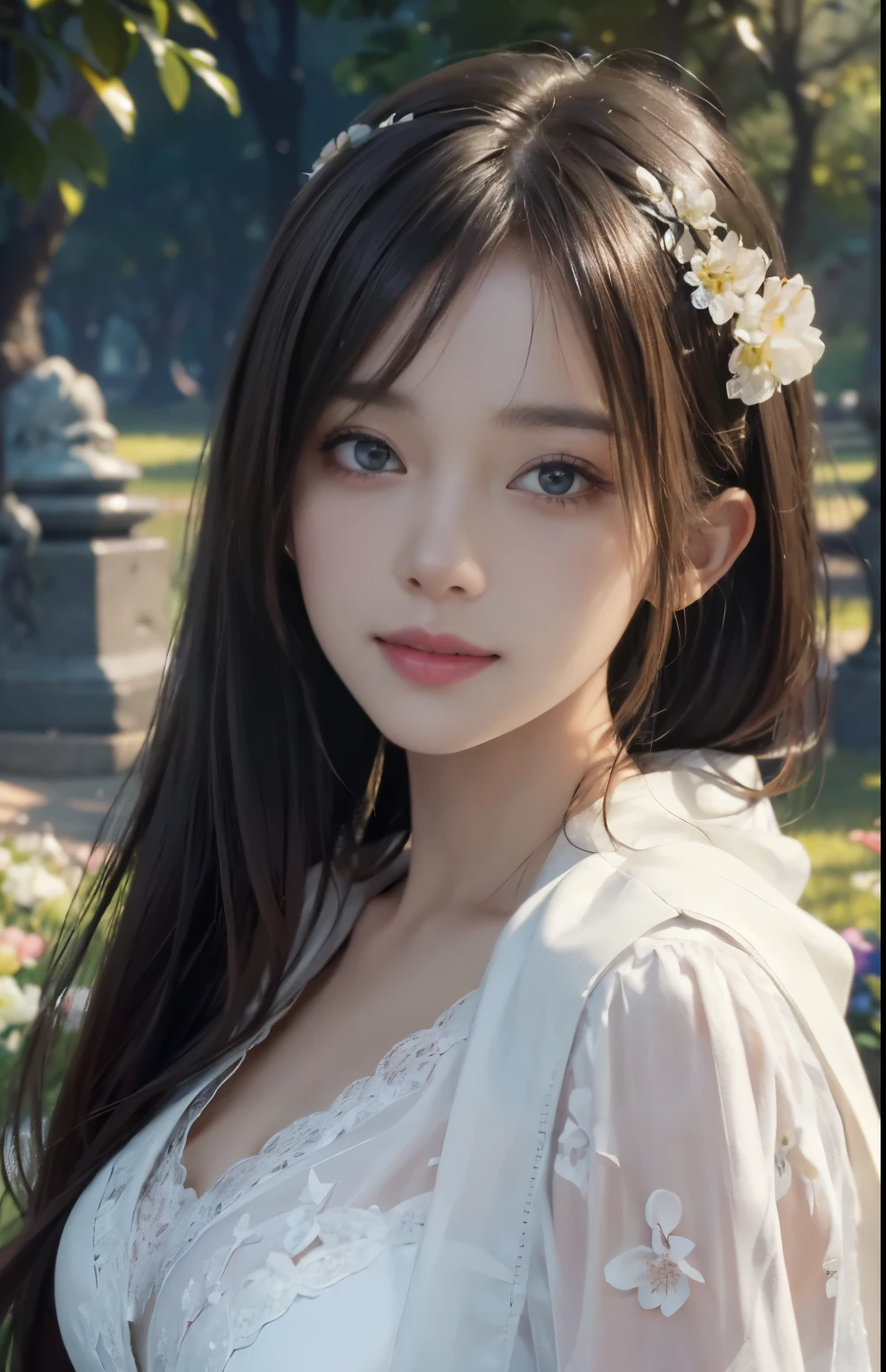 (Ultra Realistic), (Illustration), (Increased Resolution), (8K), (Extremely Detailed), (Best Illustration), (Beautiful and Detailed Eyes), (Best Quality), (Ultra Detailed), (Masterpiece ), ( wallpaper), (detailed face), solo, 1 girl, looking at viewer, fine details, detailed face, in the dark, deep shadows, low key, pureerosfaceace_v1, smiling, long straight hair, white shawl, 46 points oblique bangs，Lots of flowers in the background，plump breasts