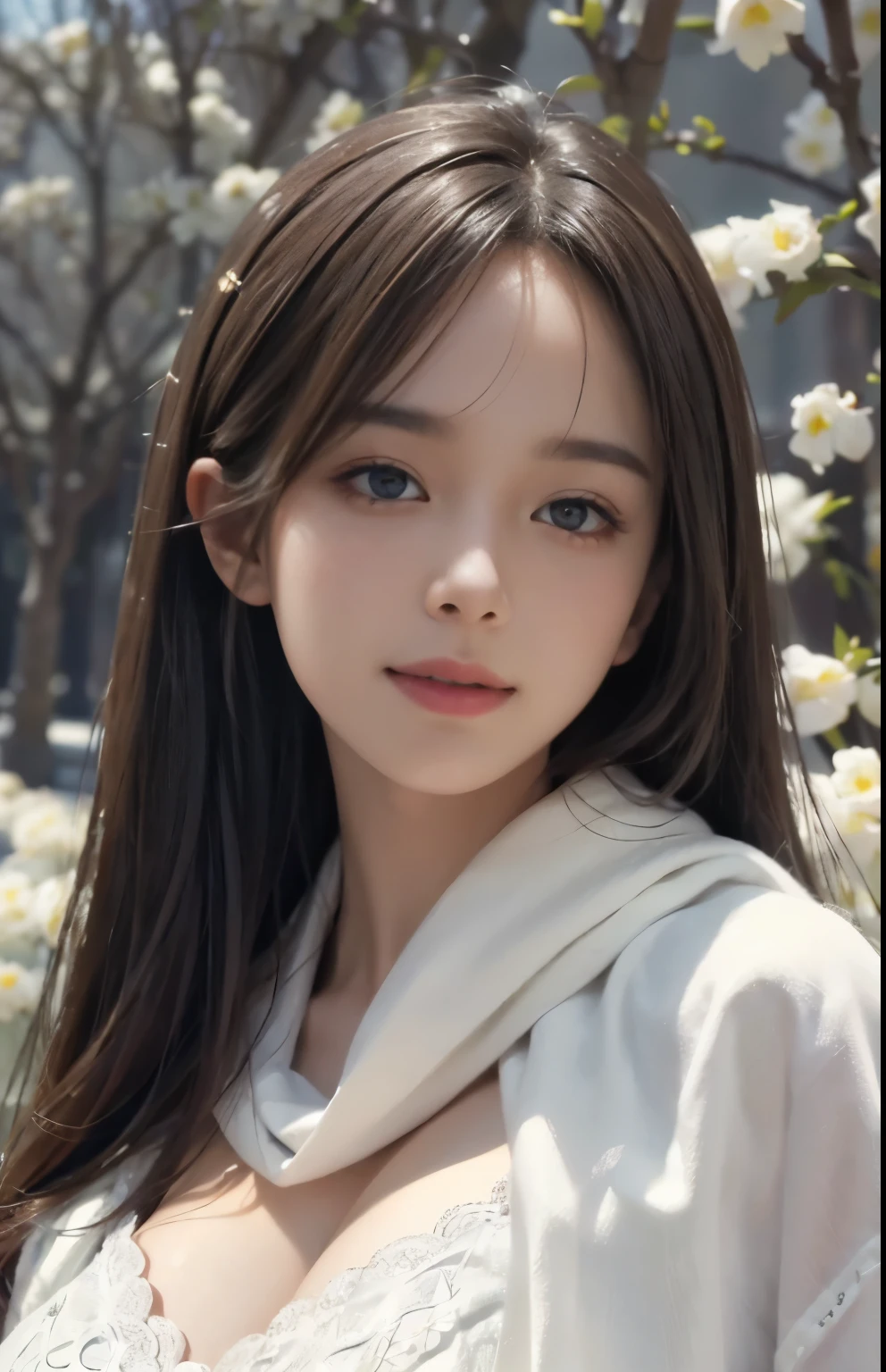 (Ultra Realistic), (Illustration), (Increased Resolution), (8K), (Extremely Detailed), (Best Illustration), (Beautiful and Detailed Eyes), (Best Quality), (Ultra Detailed), (Masterpiece ), ( wallpaper), (detailed face), solo, 1 girl, looking at viewer, fine details, detailed face, in the dark, deep shadows, low key, pureerosfaceace_v1, smiling, long straight hair, white shawl, 46 points oblique bangs,Lots of flowers in the background,plump breasts