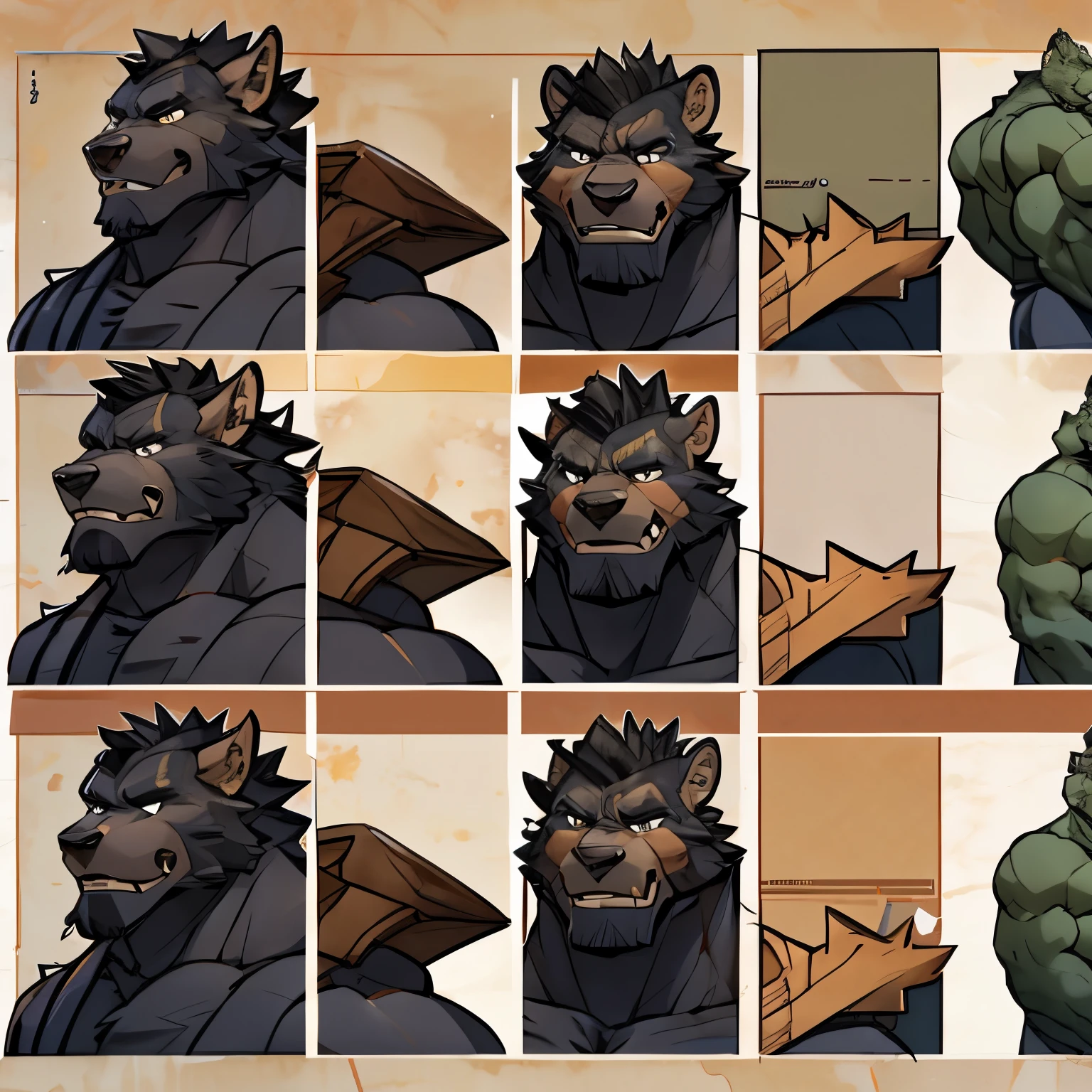 Alone, ORCBEAR, Male, muscle, intestinal muscle, big belly, calnçan, large, Male mature, old. (((character expression sheet)))