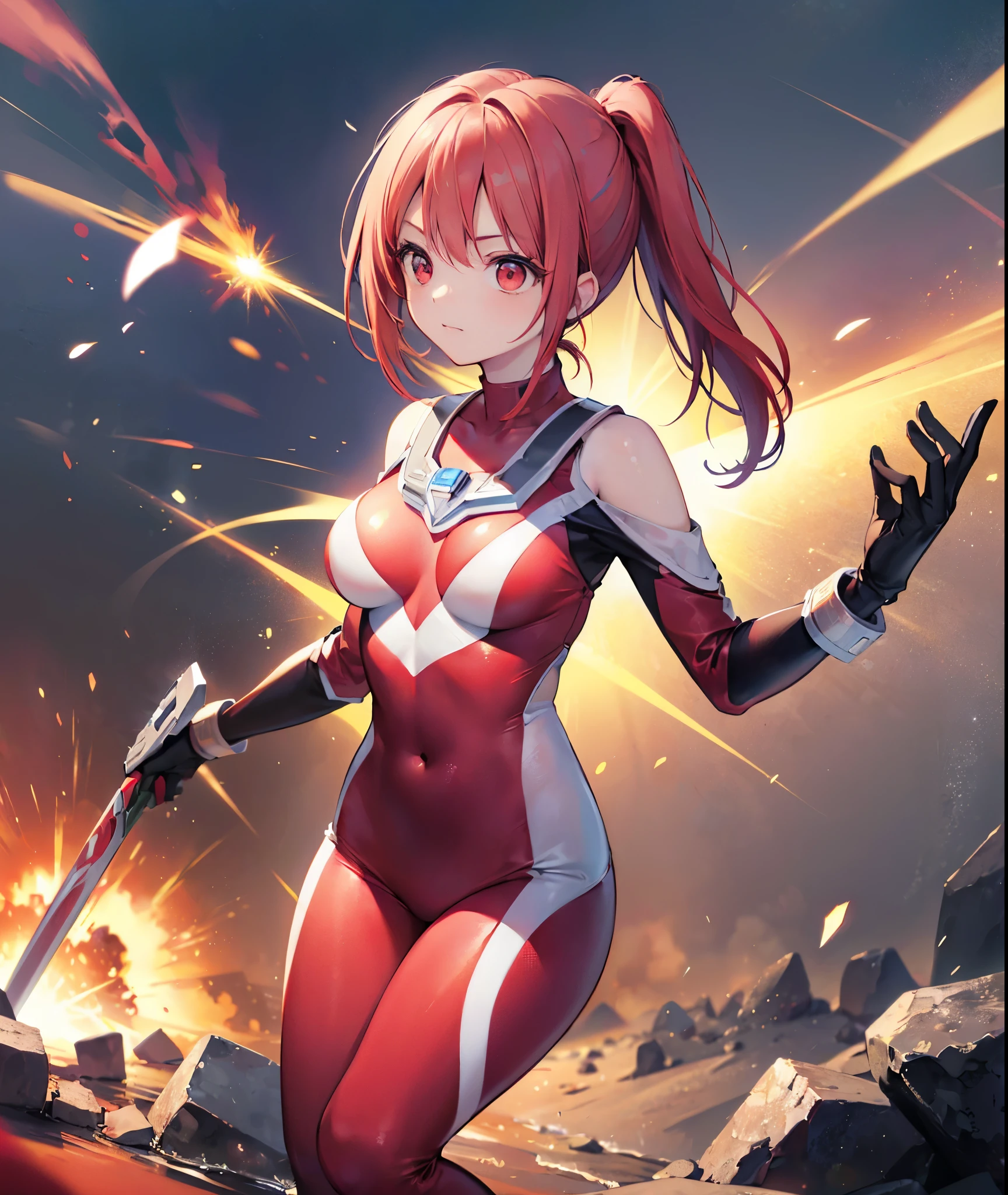 realistic,highest quality, ultra detail, High quality CG drawing, The most delicate and beautiful, Floating gently, High resolution, (1 girl), (Highest image quality,4K,8K,masterpiece:1.2),(all red hair:1.5), (short ponytail:1.5),(red eyes:1.5),  (ultra girl:1.0), (red ultraman bodysuit:1.4),(slightly bigger breasts:1.5),Upper body,(clenched fist:1.2),(put both hands on hips:1.2), red gloves,(Turn your back to your audience:1.3),butt