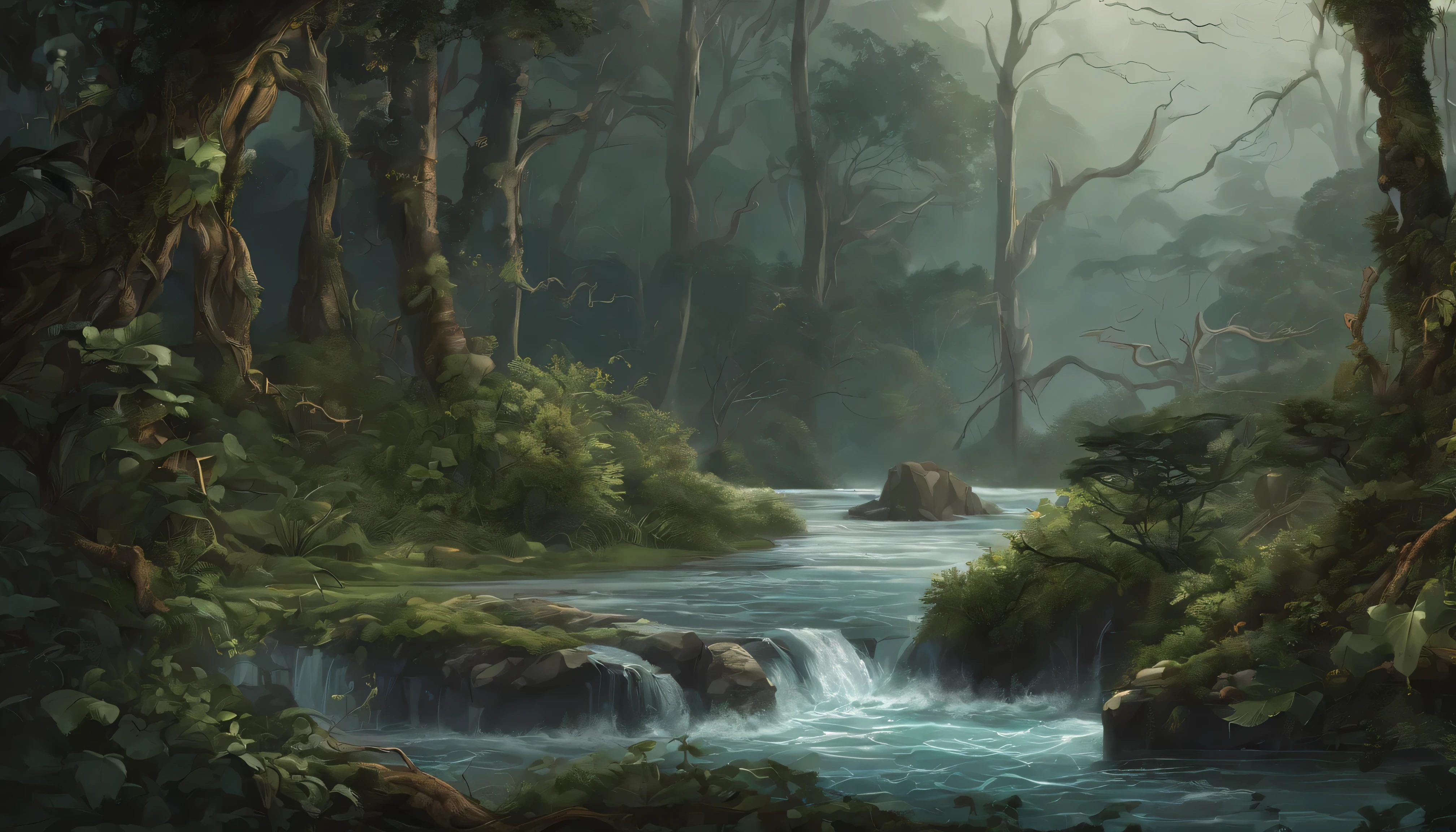 Design an image depicting an intense night storm scene over an ancient rainforest. The sky above is a canvas of chaotic beauty, with lightning bolts illuminating the dense canopy below. Each flash reveals the rich, wet leaves of towering trees and the intricate ecosystem that thrives under their shelter. The storm's fury is juxtaposed with the enduring calm of the forest, highlighting the timeless dance between nature's tempests and the tranquility of the ancient woodlands. Include the occasional glimpse of a waterfall or river, its waters surging in response to the downpour, adding to the scene's dynamic beauty.