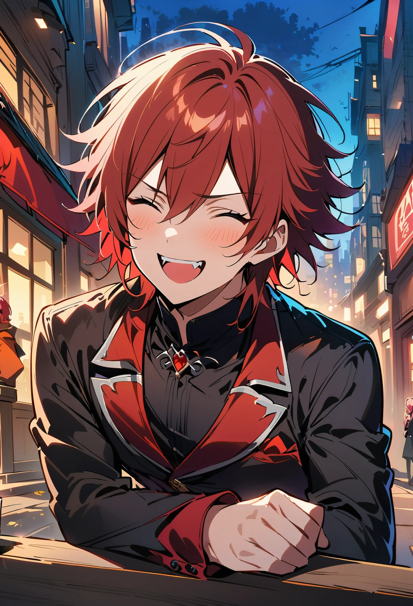 anime character Red hair and a black jacket, Red hair, anime handsome guy, Male anime characters, 1 boy, alone, Zhou Wang Meiqin, k items, (((vampire))), crazy, malkavia, city in background, (night), giggle, Cowboy shooting, dynamic lighting