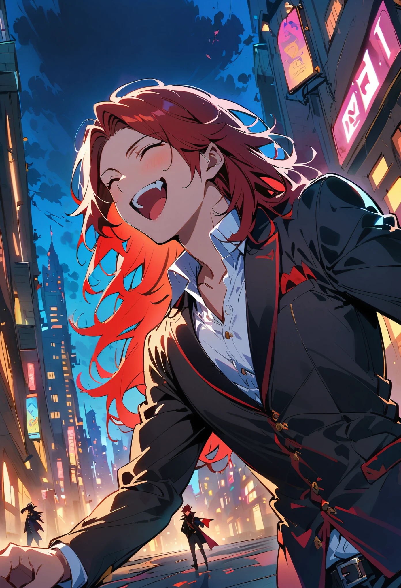 anime character Red hair and a black jacket, Red hair, anime handsome guy, Male anime characters, 1 boy, alone, Zhou Wang Meiqin, k items, (((vampire))), crazy, malkavia, city in background, (night), giggle, Cowboy shooting, dynamic lighting