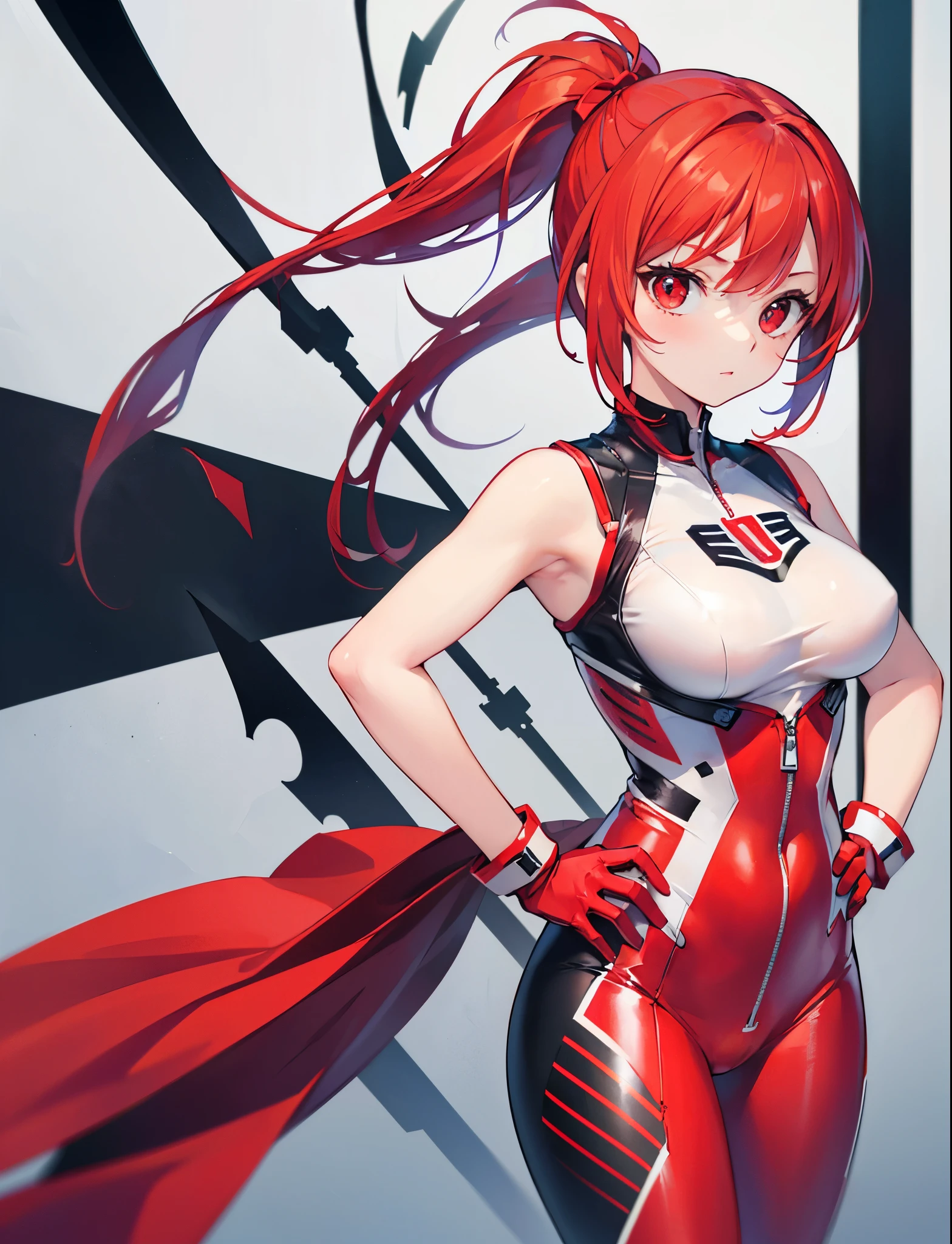 realistic,highest quality, ultra detail, High quality CG drawing, The most delicate and beautiful, Floating gently, High resolution, (1 girl), (Highest image quality,4K,8K,masterpiece:1.2),(all red hair:1.5), (short ponytail:1.5),(red eyes:1.5), (ultra girl:1.0), (red ultraman bodysuit:1.4),(slightly bigger breasts:1.5),Upper body,(clenched fist:1.2),(put both hands on hips:1.3) ,red gloves,(Turn your back to your audience:1.3),butt