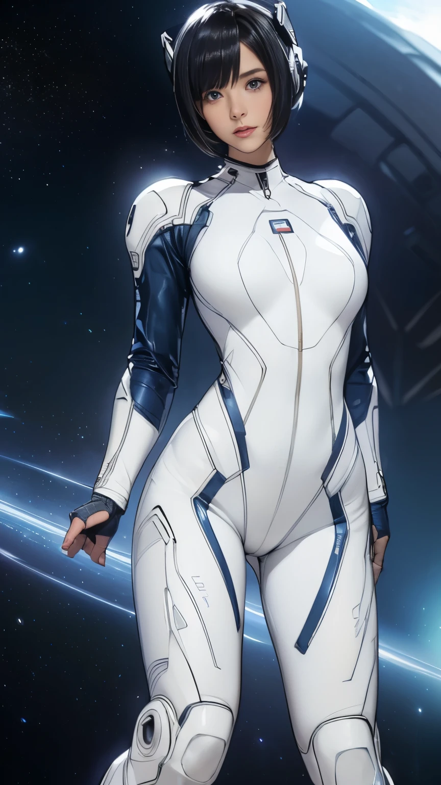 (masterpiece、highest quality、highest resolution、clear_image、Detailed details): (full body figure、15 year old girl、Japanese face、small face、thin、navy blue super short bob cut hair、blue colored eyes、((navy long sleeve space suit、space helmet))、headset、cosmic handbag、cute type、gentle smile、soft expression、headset、(((knee high boots)))、gloves up to the elbow、eye level shot、face directly、woman on a spaceship), (((camel toe))), ((Pure white leotard))