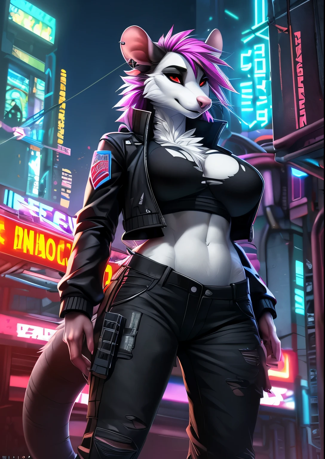 uploaded on e621, (by Wildering, by fluff-kevlar, by aycee), solo, female opossum, anthropomorphic opossum, neck tuft, hip tuft, leg tuft, big tail, red eyes, clear eyes, left ear piercing)), (((fur colors of black and white))), (full body portrait), (masterpiece), (best quality), (anthro furry:1.3, snout:1.2, anthro:1.3, furry:1.2, solo female:1.2), (thick figure, curvy figure), (wide hips), (extremely thick thighs), (huge breasts, perky breasts), sexy pose, suggestive pose), (((Rodent))) BREAK (((sexy cyberpunk outfit, cropped unzipped jacket with small top, cropped tactical pants that are torn and patched, digitigrade feet))), (cyberpunk city background at night, depth of field, neon lights, ambient light on the body), (intricate:0.7), (high detail:1.3), (unreal engine:1.3), (sharp focus:1.15), [explicit content, questionable content], (masterpiece, best quality, 4k, 2k, shaded, absurd res)