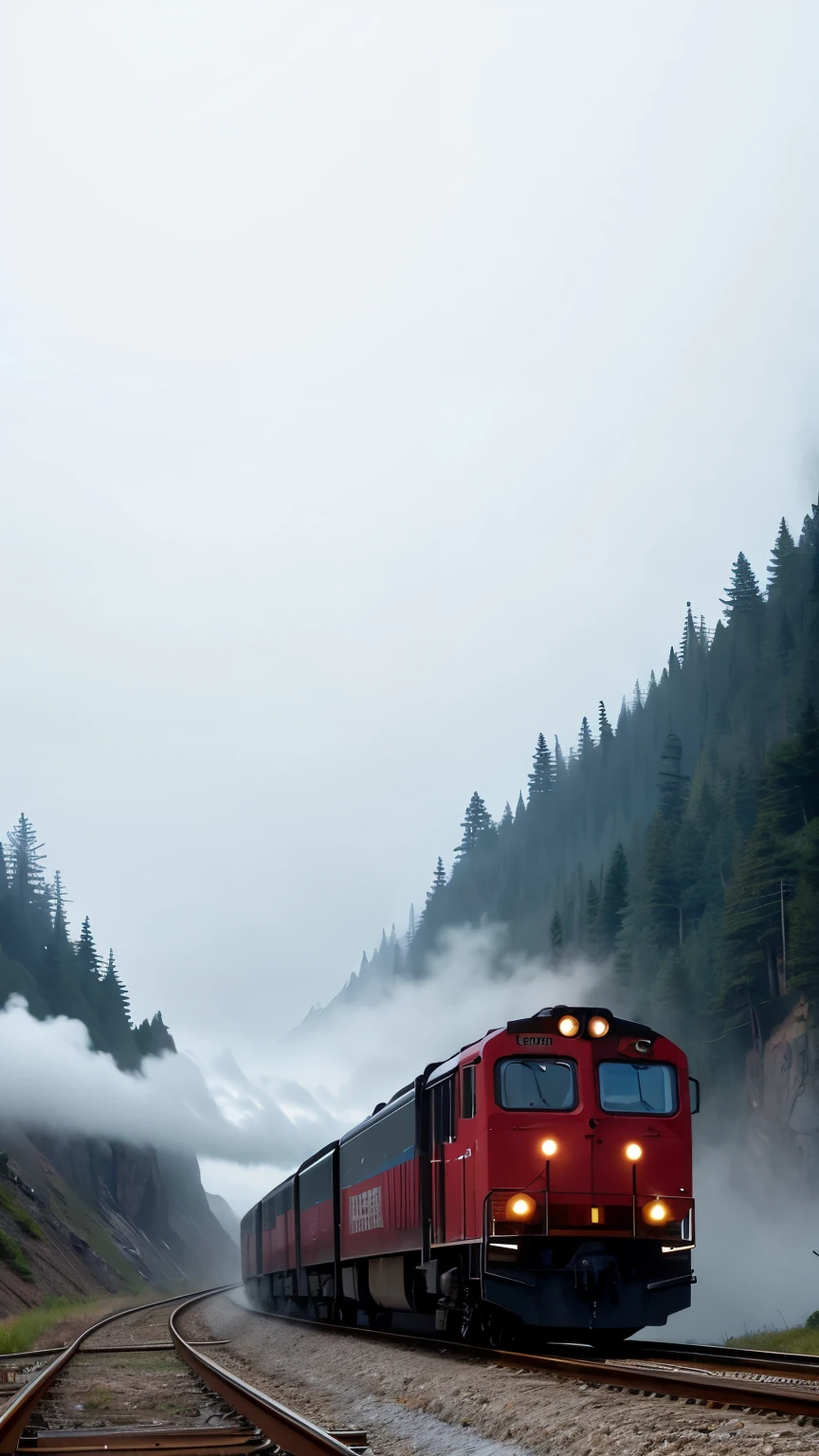 there is a train that is traveling down the tracks in the mountains, gloomy and foggy atmosphere, mountains in fog background, foggy weather atmosphere, gloomy foggy atmosphere, misty mountains, mist in valley, dark misty foggy valley, gloomy misty atmosphere, gray fog, foggy photo 8 k, misty clouds, foggy landscape, under a gray foggy sky, fog in background, mists