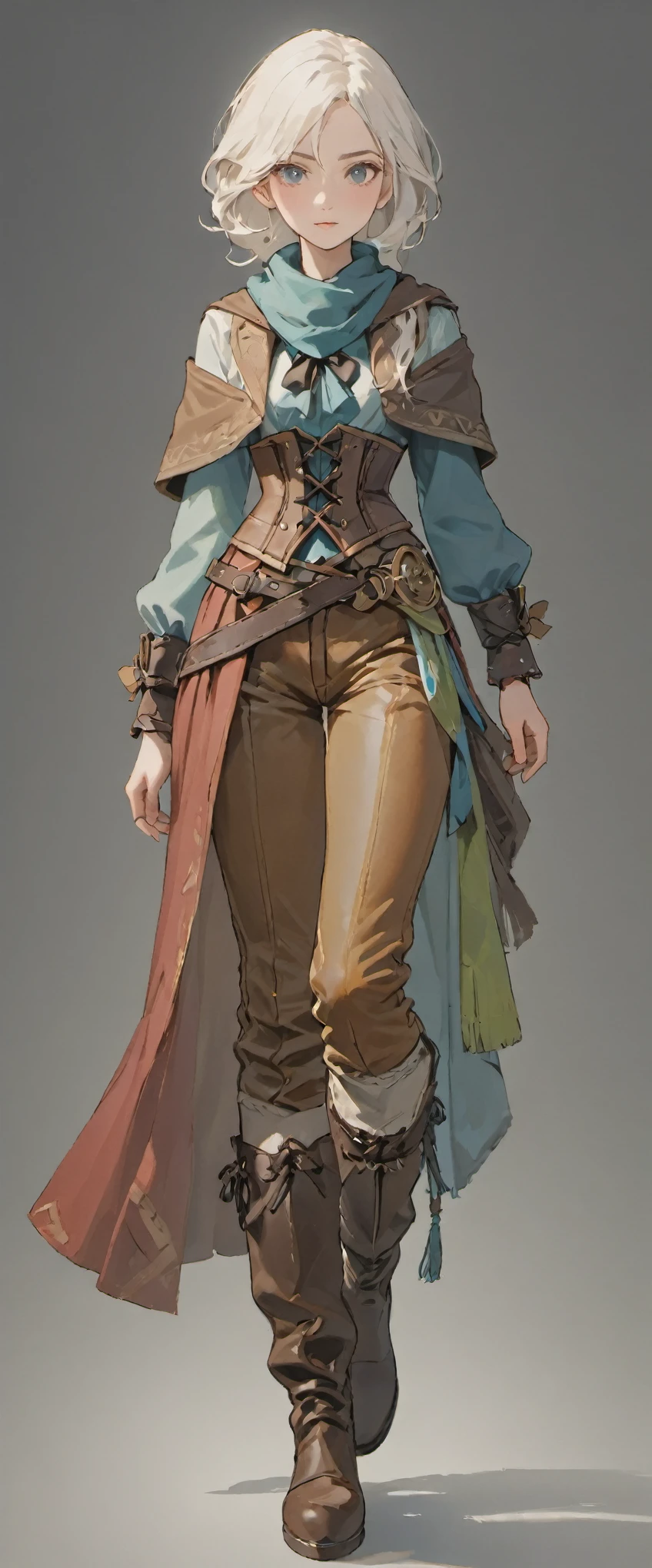 ((long white hair)), white hair, female adventurer, full body, game art style, (masterpiece),  colorful clothing, scarves, leather belts, half skirt over pants and boots, flowing blouse and leather corset, best quality, highres, 4k, 8k, Detailed Illustration, intricate detail, cinematic lighting, amazing quality, 1girl, fit female, amazing shading, soft lighting, facing camera, perfect eyes