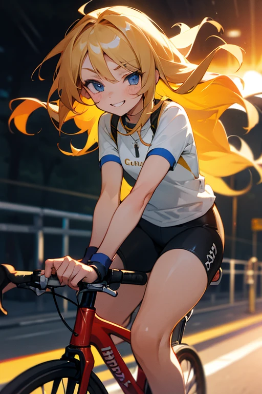 a cute 6 year old christian church girl named Zachary, both brownish blonde hair, long wavy hair, on a ultra high performance drop bar road bike , joyful, desending on a road race, smooth pedaling motion, intense competition, high speed, short sleeved white sport jersey tshirt, pink shorts, cross necklace, sunrise, slight smile, wristbands, barefoot, winking, hand details, feet details