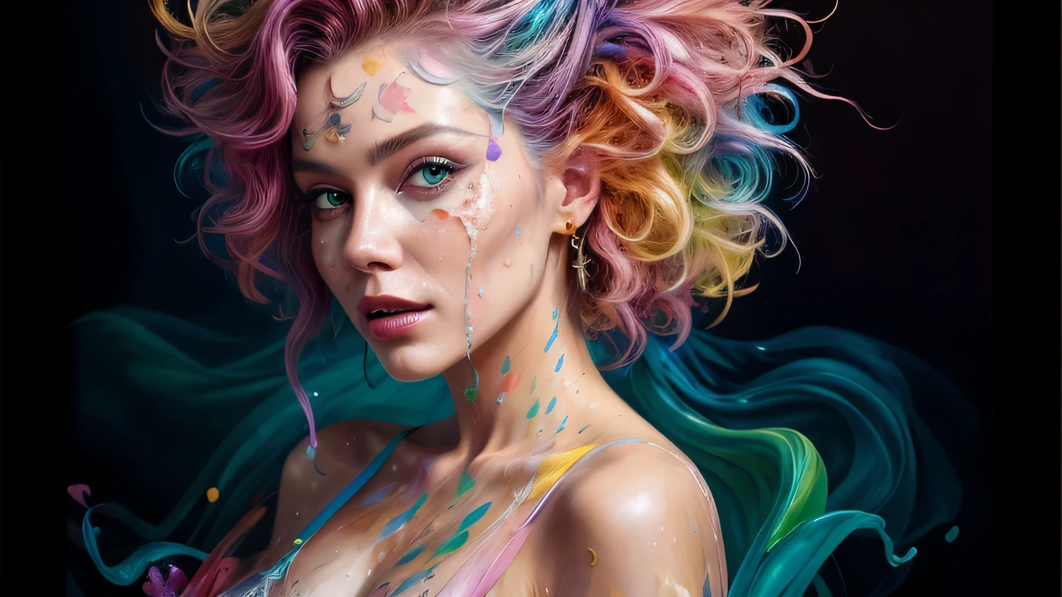 (8k, best quality, masterpiece:1.2),(best quality:1.0), (ultra highres:1.0), watercolor, a beautiful woman, shoulder, hair ribbons, by agnes cecile, half body portrait, extremely luminous bright design, pastel colors, (ink:1.3), autumn lights, technicolor, vibrant, Chemical, radioactive glow, Biohazard, abstract art by Petros Afshar, oversaturated