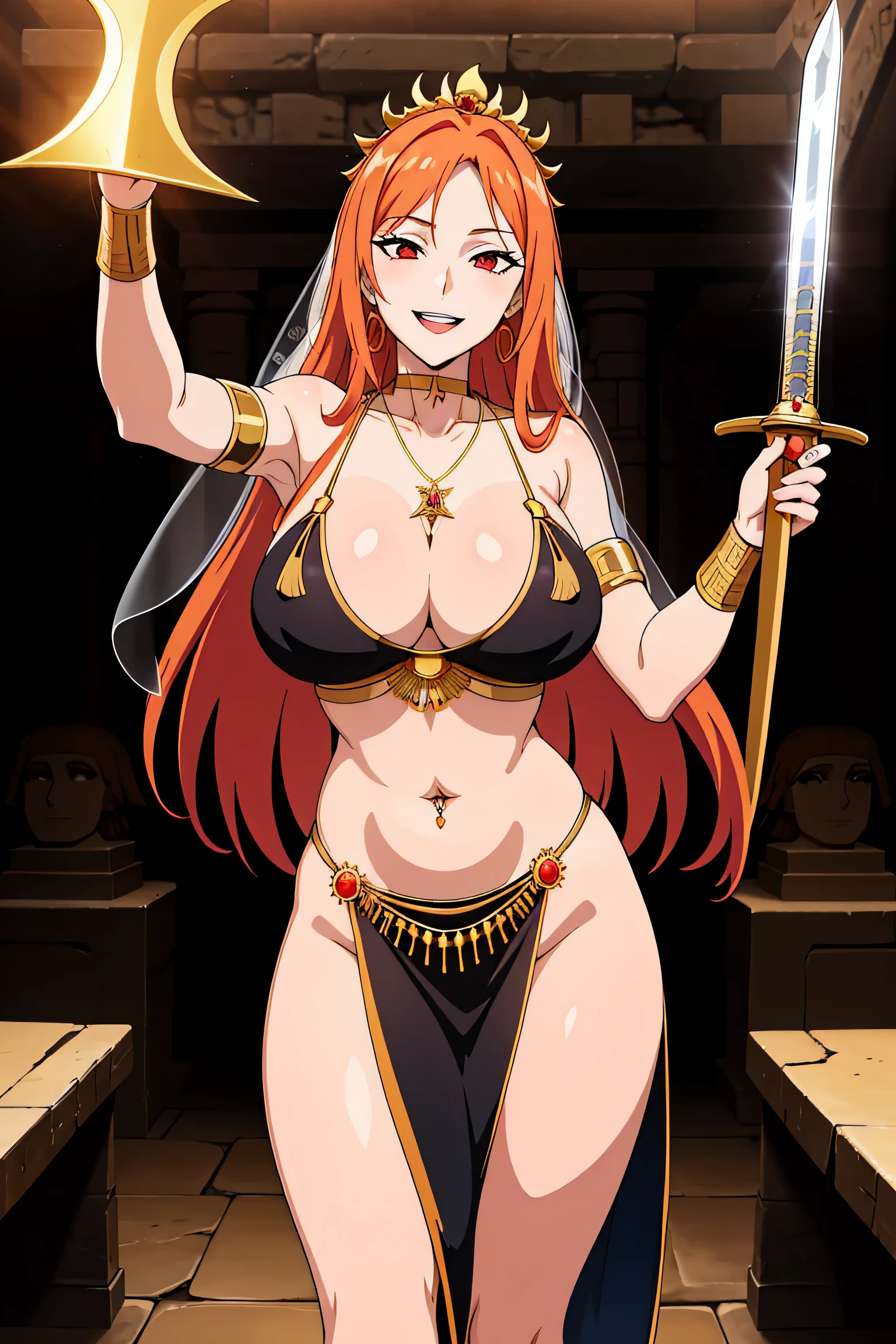  long flowing orange hair, red eyes, busty, crazy smile, ahegao, moan, masterpiece, best quality, highly detailed ,glint,halterneck,gold_choker, complex detailed background,
inside, stone wall, ancient interior, ancient egyptian room, hieroglyphs, dark lighting, dark
atmosphere, (cowboy shot), holding a sword, sword, belly_chain,harem_outfit,navel, necklace,
pelvic_curtain,revealing_clothes, veil，masterpiece,best quality,1girl,mature,evil smile, smile,
female,mature,necklace,pendant, (nsfw) not safe for work, exposed belly, exposed navel, exposed
midriff, exposed lower belly, navel piercing