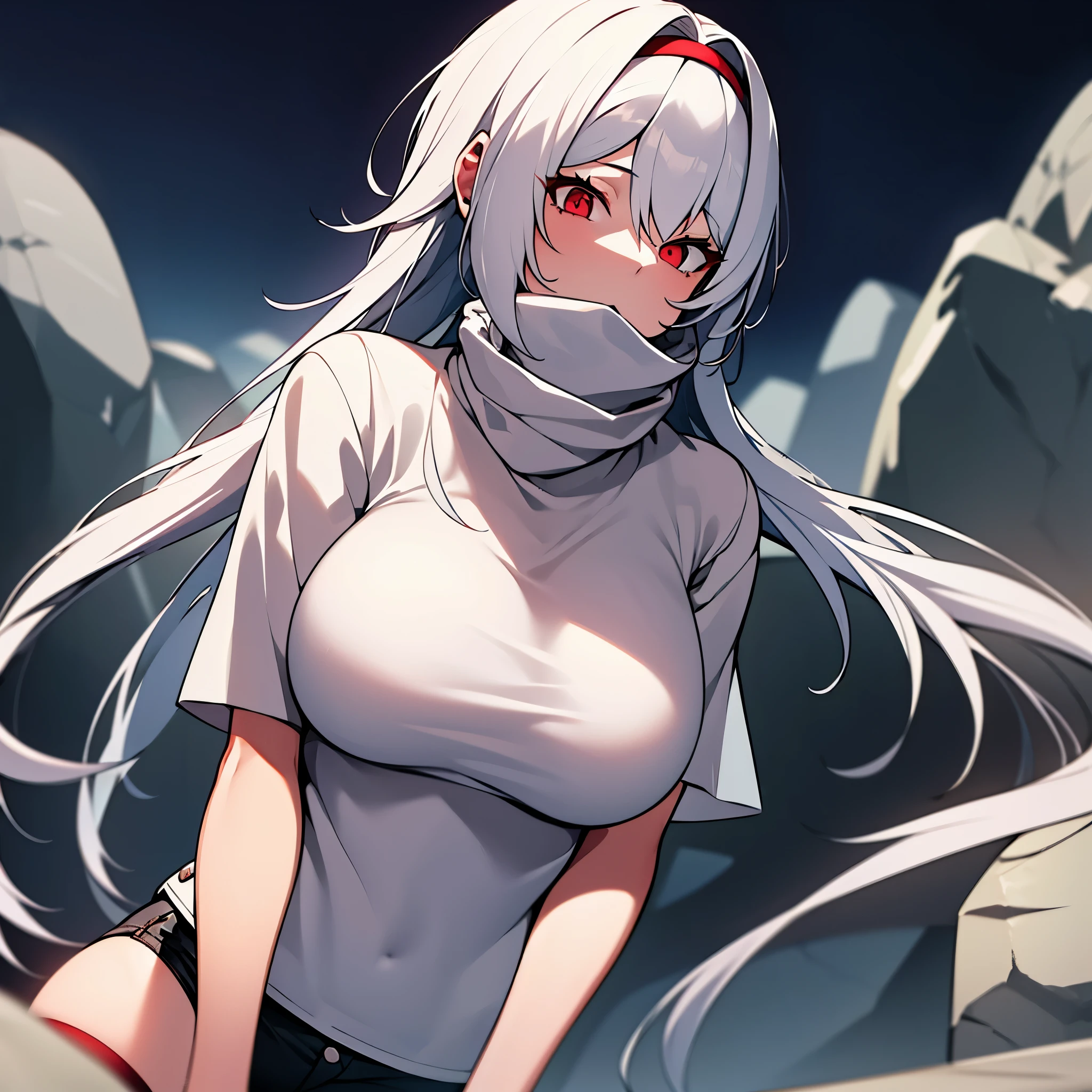 A woman with a white shirt, denim shorts, long white hair, big breasts, red eyes, at night, at a rock concert, high definition, 4k, perfect art
