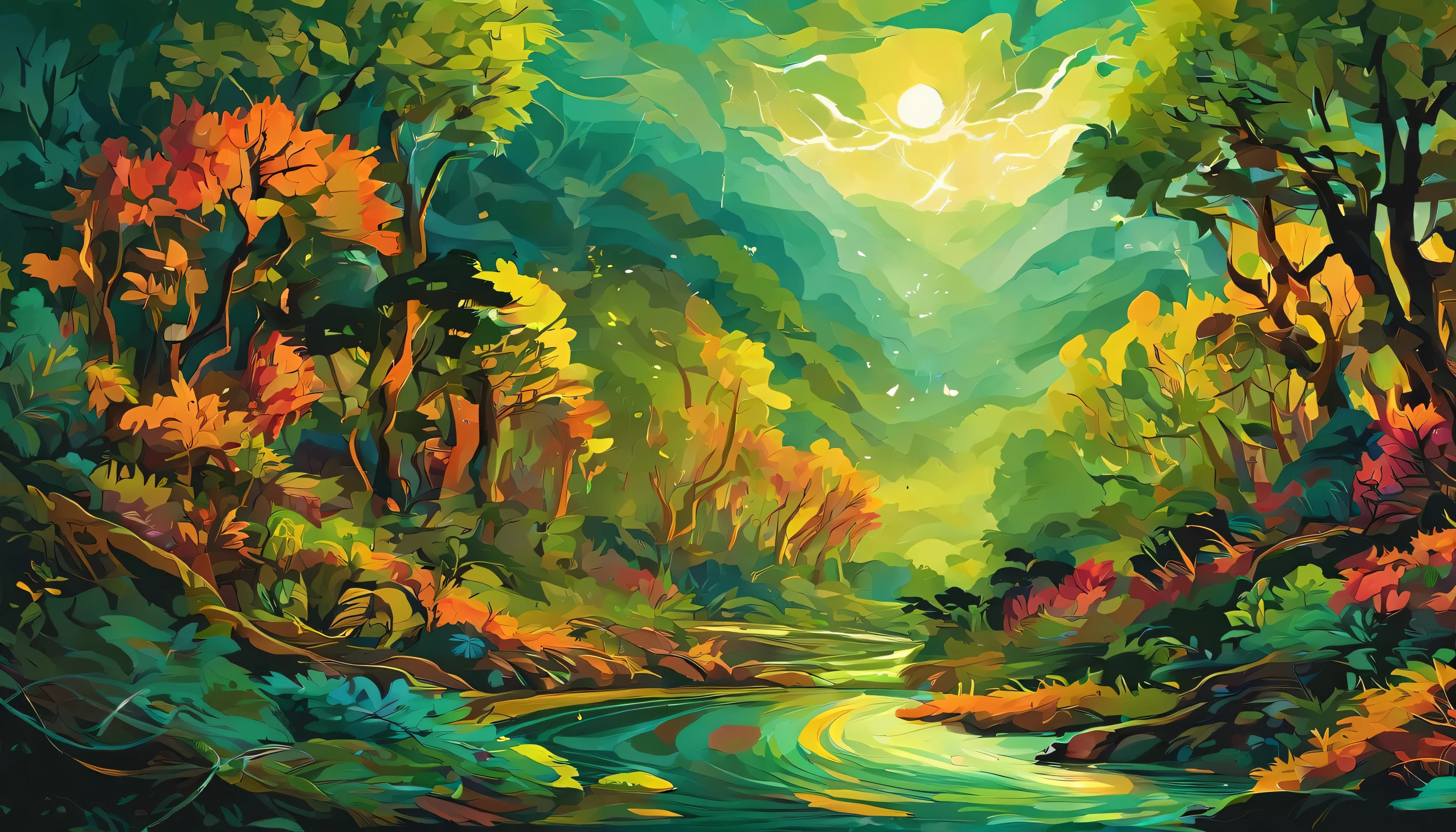 Design an image depicting an intense night storm scene over an ancient rainforest. The sky above is a canvas of chaotic beauty, with lightning bolts illuminating the dense canopy below. Each flash reveals the rich, wet leaves of towering trees and the intricate ecosystem that thrives under their shelter. The storm's fury is juxtaposed with the enduring calm of the forest, highlighting the timeless dance between nature's tempests and the tranquility of the ancient woodlands. Include the occasional glimpse of a waterfall or river, its waters surging in response to the downpour, adding to the scene's dynamic beauty.