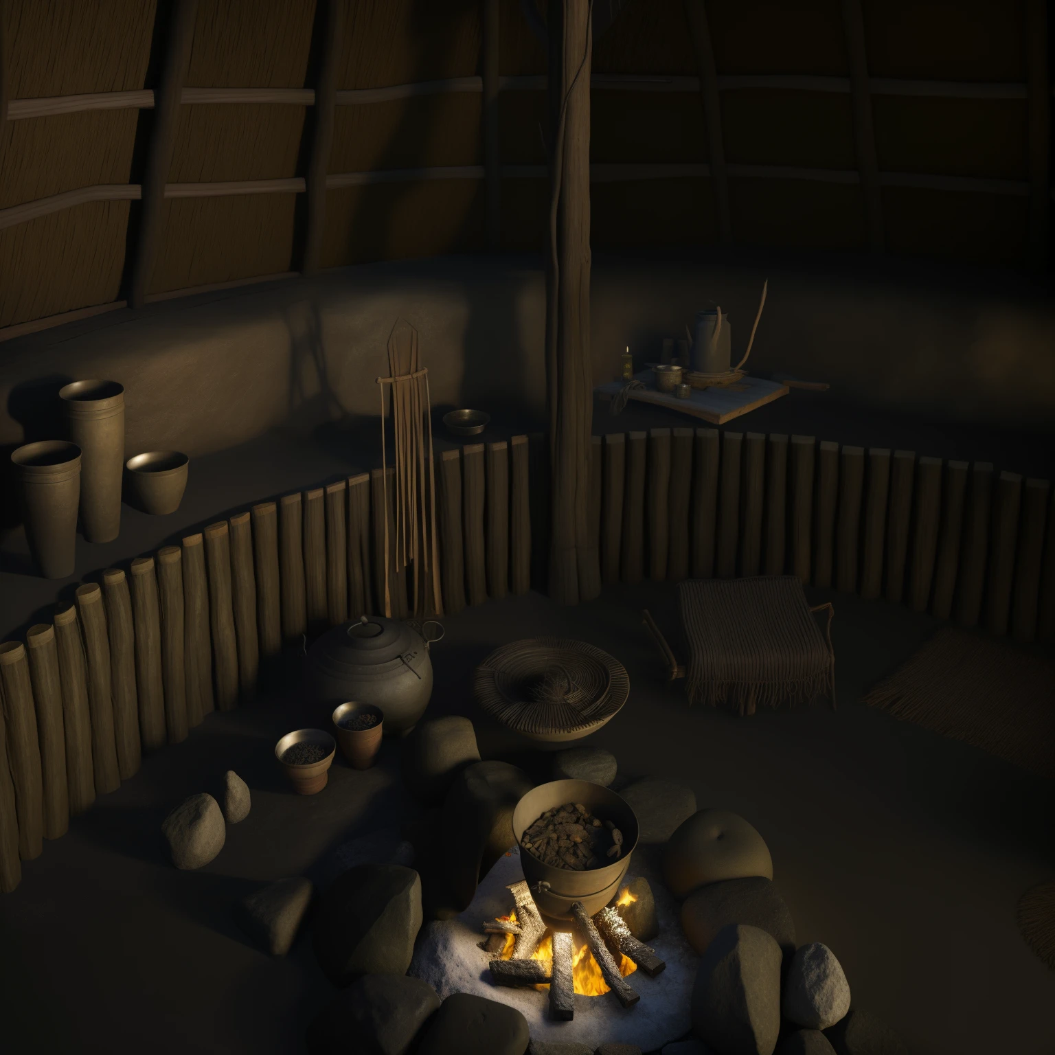 there is a fire pit with a pot on it in a room, ancient interior tent background, inside primitive hut, brewing potion in witch hut, home wicca scene, rendered in maya 4 d, longhouse, irori fireplace, scene render, highly detailed texture render, rendered in maya, rendered in unreal engine 3, atmospheric render, depicted as a 3 d render