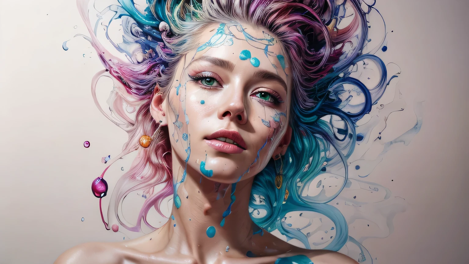 Mulher bonita e colorida: Mulher de 27 anos, Messy hair, oil painting, beautiful and rosto perfeito with soft skin, rosto perfeito, cores verdes rosa, Clear and violet magnet additions, light red additions, Doutor, wearing lab coat or Doutor suit holding newborn baby in lap intricate details splash screen 8k resolution masterwork cute face photorealistic digital painting artstation smooth flowing black ink: Photorealistic masterpiece in 8k resolution: fluido de pintura em guache intrinsecamente detalhado: by John Baptist Mongue: caligrafia: acrylic: Arte em aquarela, fotografia profissional, natural lighting, volumetric lighting maximalist photo illustration: por Marton Bobzert: , complex, elegante, expansivo, Fantastic