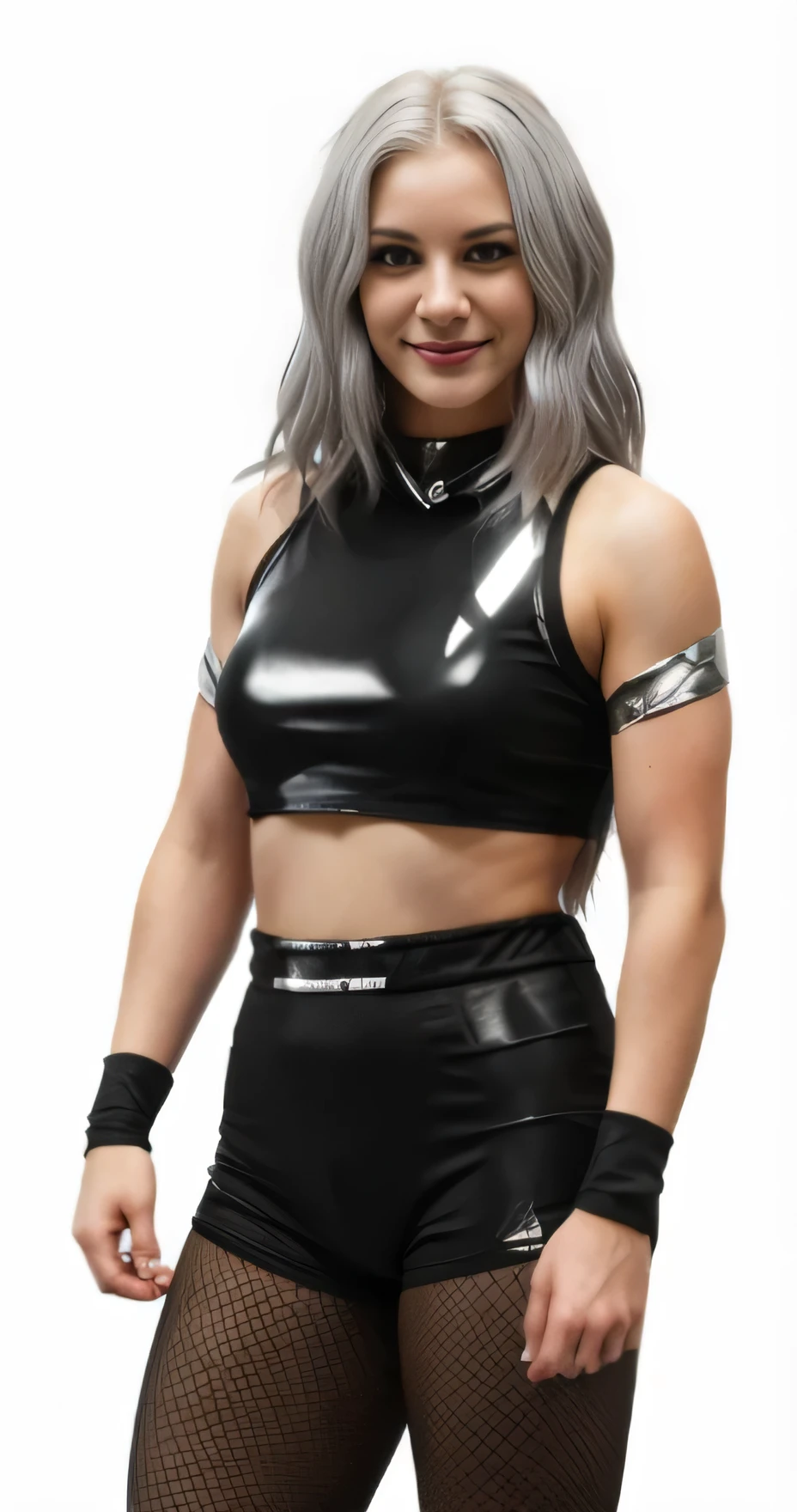 a female wrestler with silver hair, smirking face