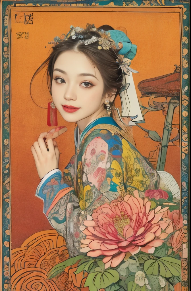 (masterpiece, top quality, best quality, official art, Beautiful and beautiful:1.2), (1 girl:1.3), Very detailed,(fractal art:1.1),(Dunhuang,rich and colorful:1.1)(flowers:1.3),most detailed,(Zentangle:1.2), (dynamic poses), (abstract background:1.3), (Chinese Traditional Cloth:1.2), (shiny skin), (Many colors:1.4), ,(earrings:1.4),