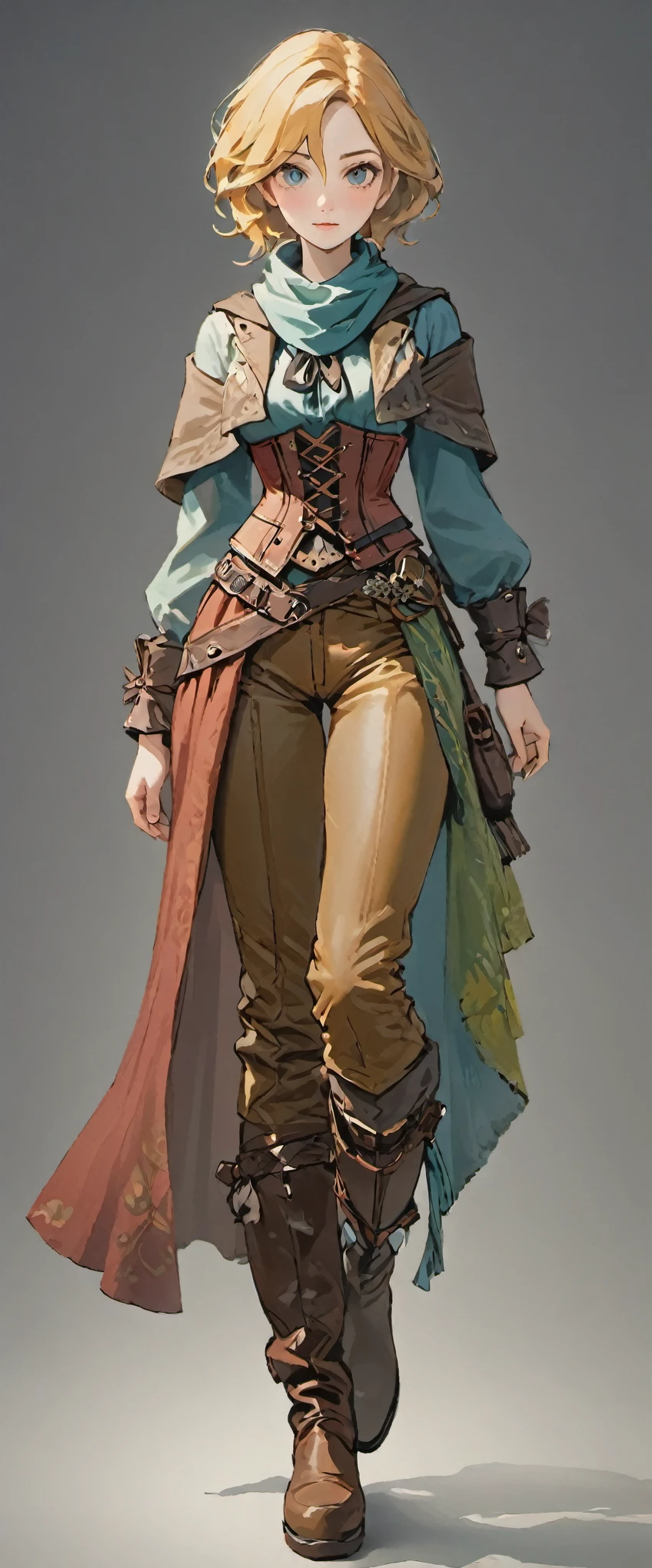 female adventurer, full body, game art style, (masterpiece),  colorful clothing, scarves, leather belts, half skirt over pants and boots, flowing blouse and leather corset, best quality, highres, 4k, 8k, Detailed Illustration, intricate detail, cinematic lighting, amazing quality, 1girl, fit female, amazing shading, soft lighting, facing camera, perfect eyes