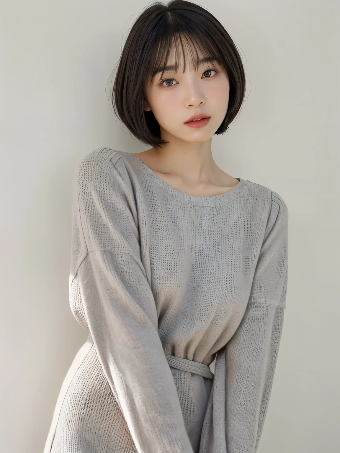 orange long sleeve dress、Fashionable dresses、table top、(背景にwhite wall、Part of the hair is light gray:1.4)、white wall、Taken in front of the white door、(窓のあるwhite wallの部屋)、((highest quality、8K、masterpiece:1.3))、ultra high resolution、(photogenuineistic:1.4)、RAW photo、Japanese,(face)、genuine、Photographed in natural light、Highly detailed face and skin texture、highly detailed lips、correct state of the human body、bob cut、bob hair、short hair、black hair、various poses、natural color lip