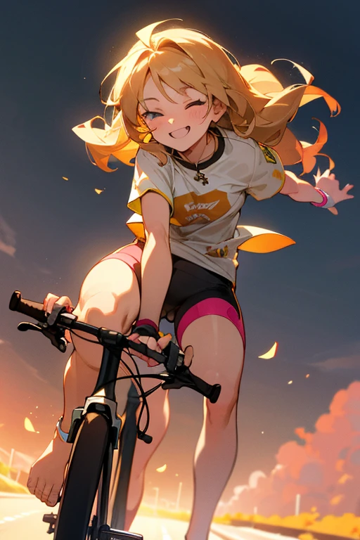 a cute 6  christian church girl named Zachary, both brownish blonde hair, long wavy hair, on a ultra high performance drop bar road bike , joyful, desending on a road race, smooth pedaling motion, intense competition, high speed, short sleeved white sport jersey tshirt, pink shorts, cross necklace, sunrise, slight smile, wristbands, barefoot, wearing no shoes, winking, hand details, feet details