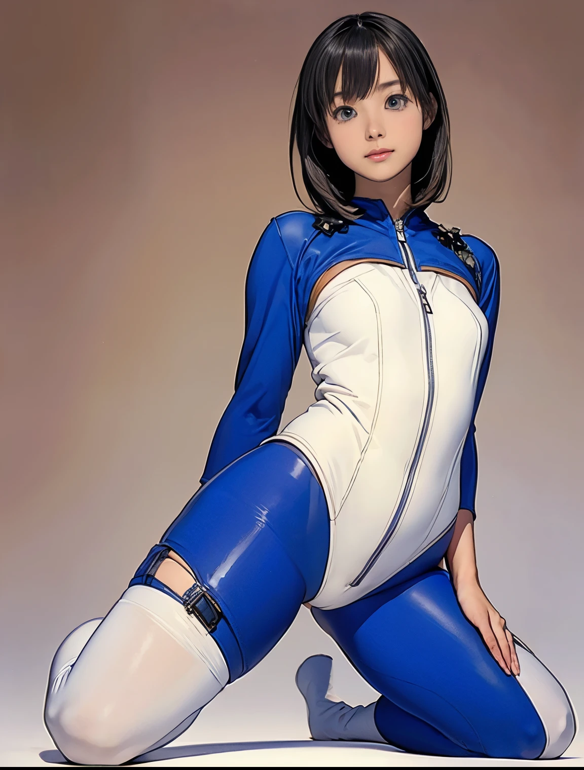 (masterpiece、best quality、Highest resolution、Clear_image、detailed details): (full body picture、15 year old girl、Japanese face、small face、thin、Navy blue super short bob、blue eyes、Blue and Black Shiny Aviator Suit、Armor that protects the chest、tight clothes、Clothes that cover the whole body、leggings、Very delicate and beautiful、hide thighs、hide your ass、Cute type、gentle smile、soft expression、earphone、knee high boots、Gloves come to elbow length、Shooting at eye level、face directly、woman on spaceship), (((camel toe))), ((Plain white tights))