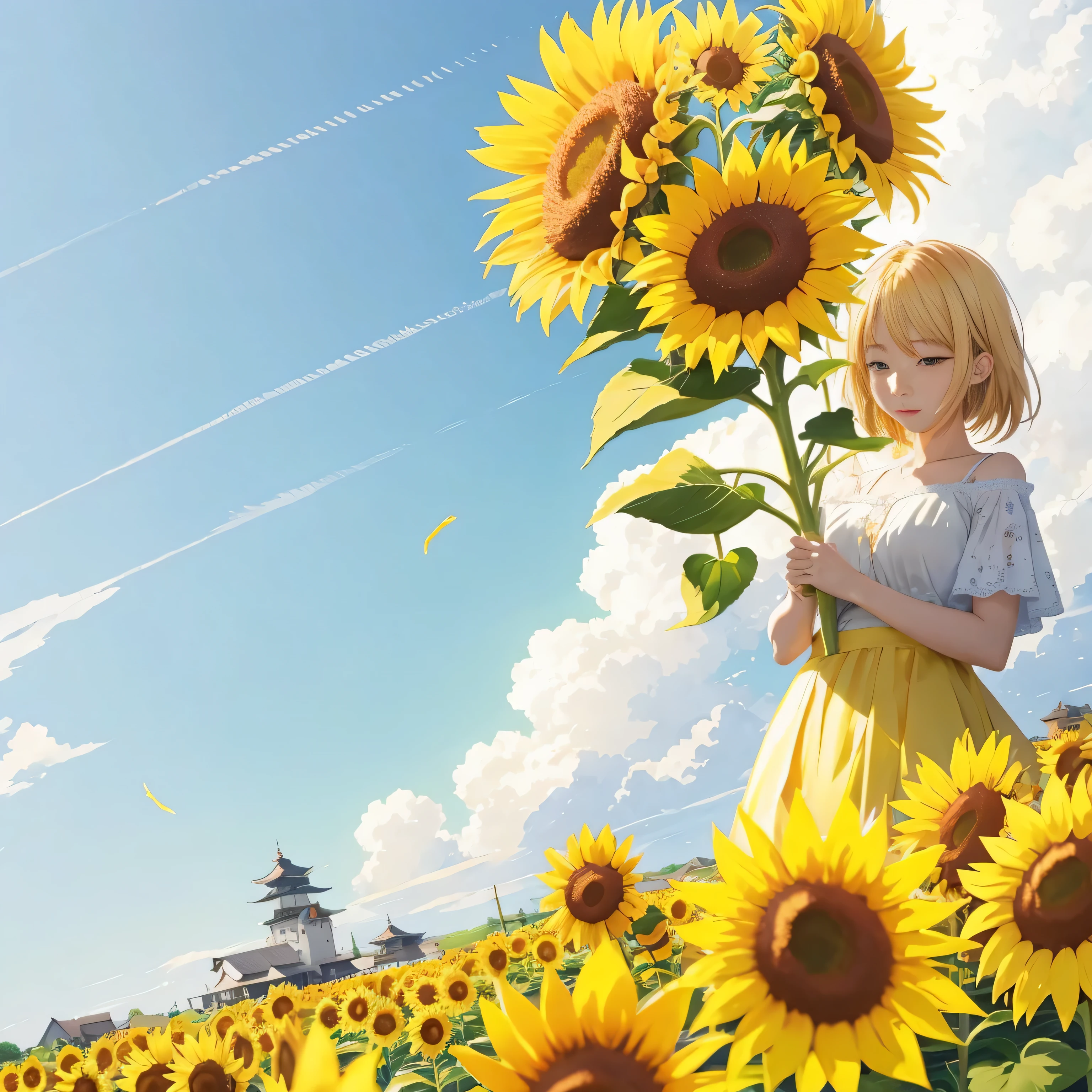 田野里有一个中国女孩拿着一束sunflower, 美丽的sunflower动漫中国女孩,black hair, Scenes : sunflower田, Scenes: sunflower田, Produced by Anime Painter Studio, author:Hiroshi Yamagata, color: sunflower, color : sunflower, author:Kanaoka Yukase, Beautiful anime artwork, Anime Art Wallpaper 8k, Anime Art Wallpaper 4k,Chinese architecture