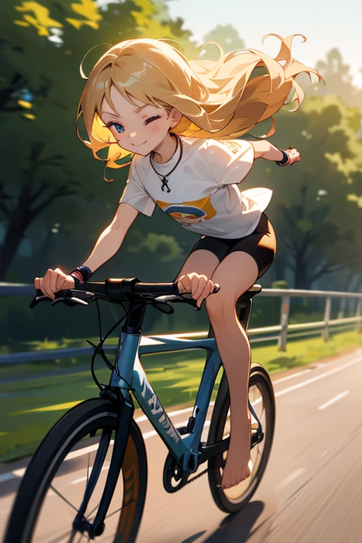 a cute 6 year old christian church girl named Zachary, brownish blonde hair, long wavy hair, on a ultra high performance drop bar road bike , aerodynamic position, in the drops, joyful, desending on a road race, smooth pedaling motion, intense competition, high speed, short sleeved white sport jersey tshirt, pink shorts, cross necklace, sunrise, slight smile, wristbands, barefoot, wearing no shoes, winking, hand details, feet details