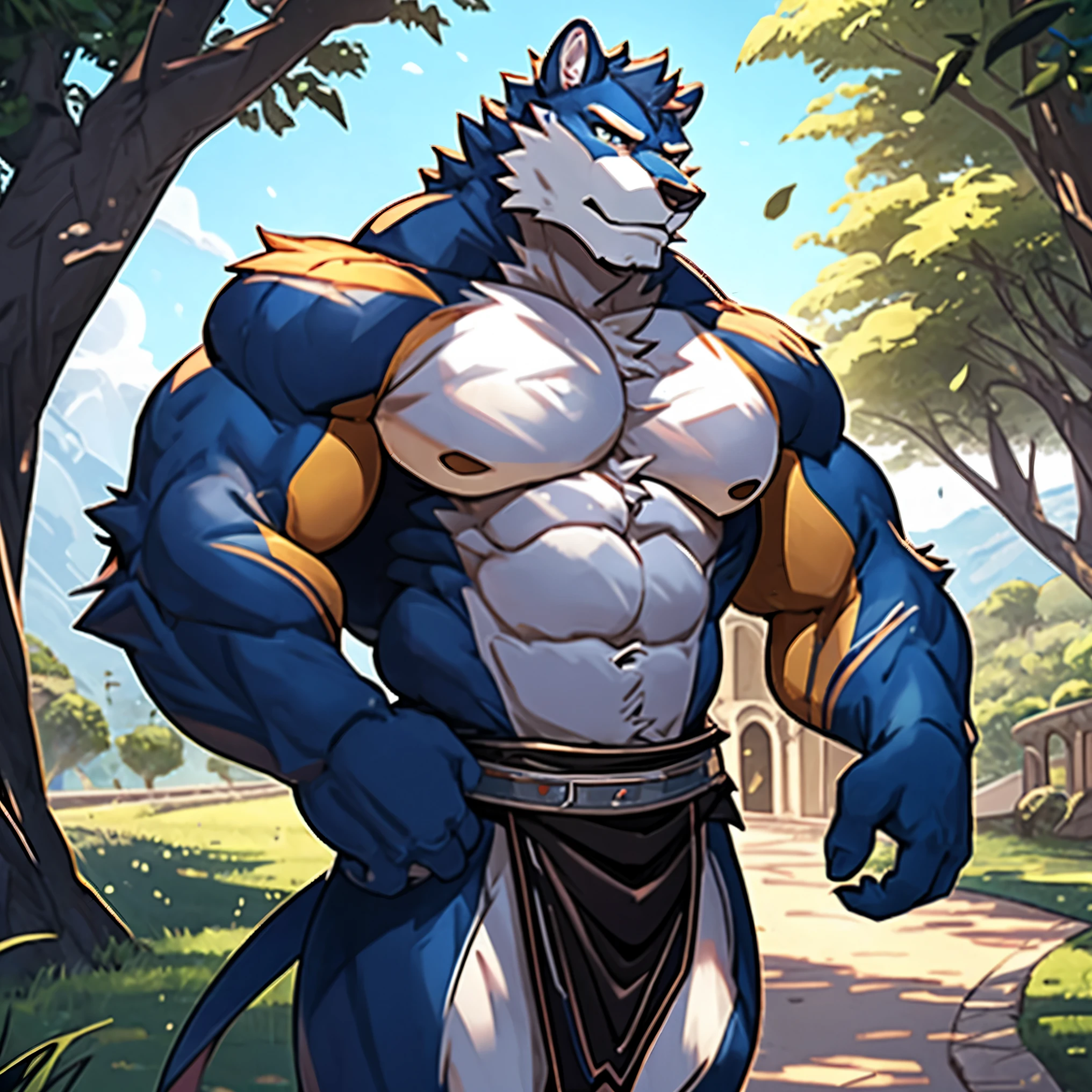 absurdres, ((best quality)), ((masterpiece)), (ultra detailed), perfect face,(sharp eyes),sharp focus, (by null-ghost,by traver009,by lindong,by pino daeni), (male antro black tiger):2.0, ((blue stripes)), ((black fur)), ((white belly)), (tiger ears, tiger tail), (sharp eye),ultra-detailed eyes, (Beautiful and delicate eyes), ((red crimson):0.2 eyes), ((white sclera)), ((fluffy fur, fluffy, furry body)),((long white loincloth), with yellow pattern):0.8, muscular male , (wearing random pattern necklace), smile, (bulge), reflection, sexy body, middle-age, strong, looking at view, (((sfw:1.5))), (( abs, strong muscle, 8 pack)), shirtless, tougue out, claw, pink nipples, handsome,(Great physique),strong arms man, majestic, barbarous, handsome, by the waterfall, sweating:1.8, anime, 5 finger only