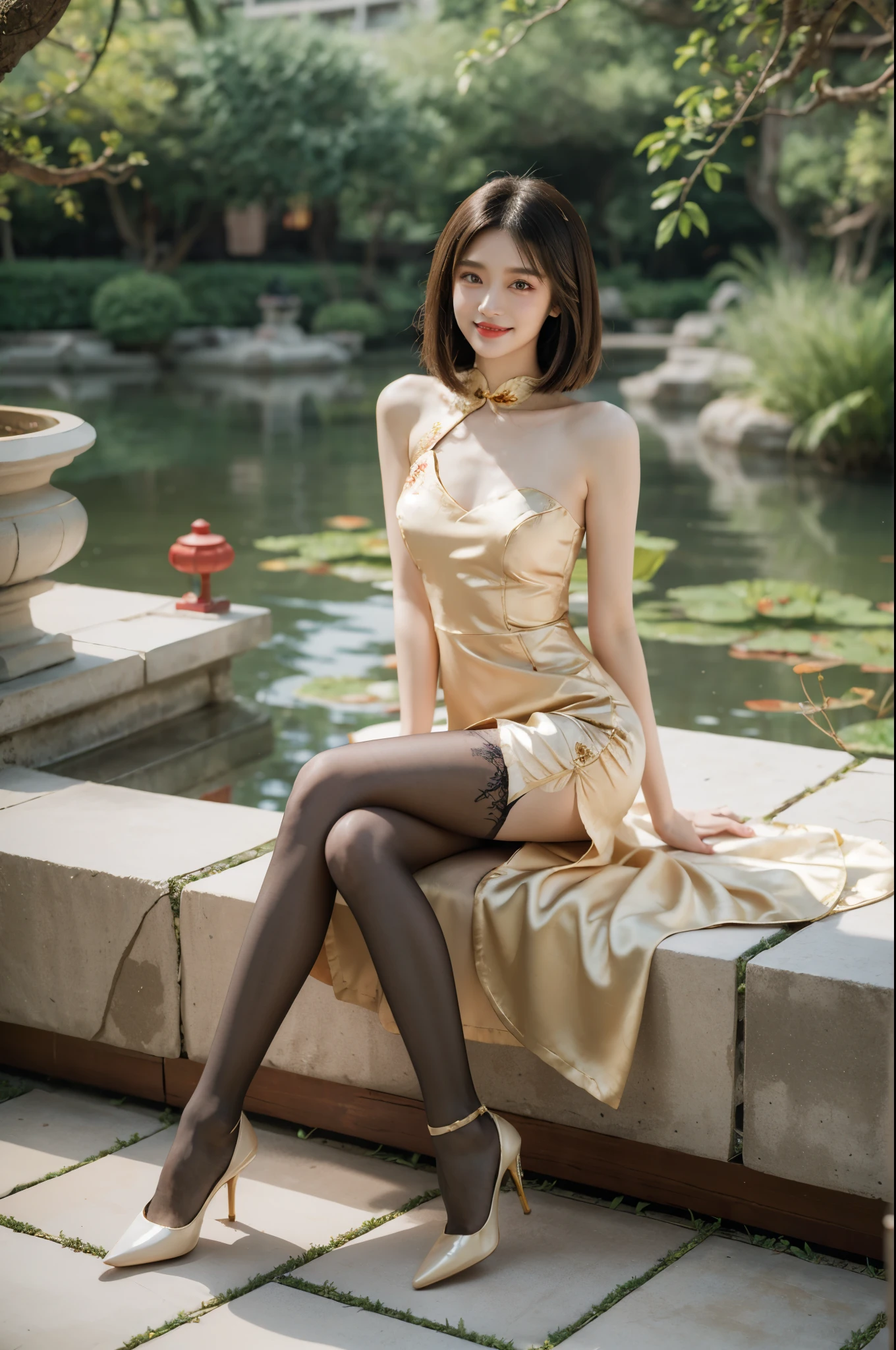 best quality, quality, masterpiece, photorealistic, 1girl, solo,shoulder length straight bob hair, sitting, looking at viewer, smile,slim,thin,small breasts,flat chests,full body, cns dress, dress, china dress, pantyhose, hight heels, chinese garden, detailed background, 