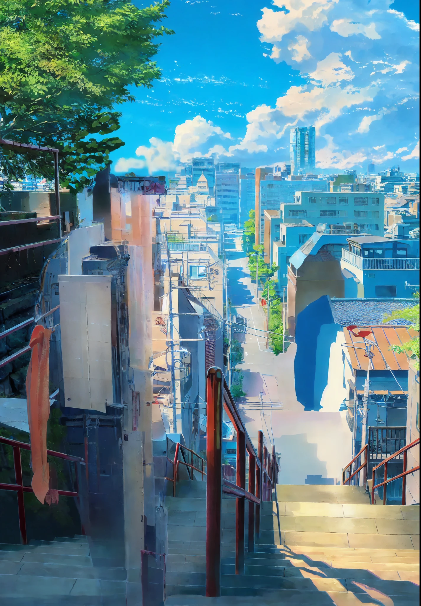 your name staircase, stairs, seen from up, stairs and city in the background, perspective, 4k, masterpiece, perfect perspective, buildings, stairs, clouds, sky, studio ghibli background, makoto shinkai background