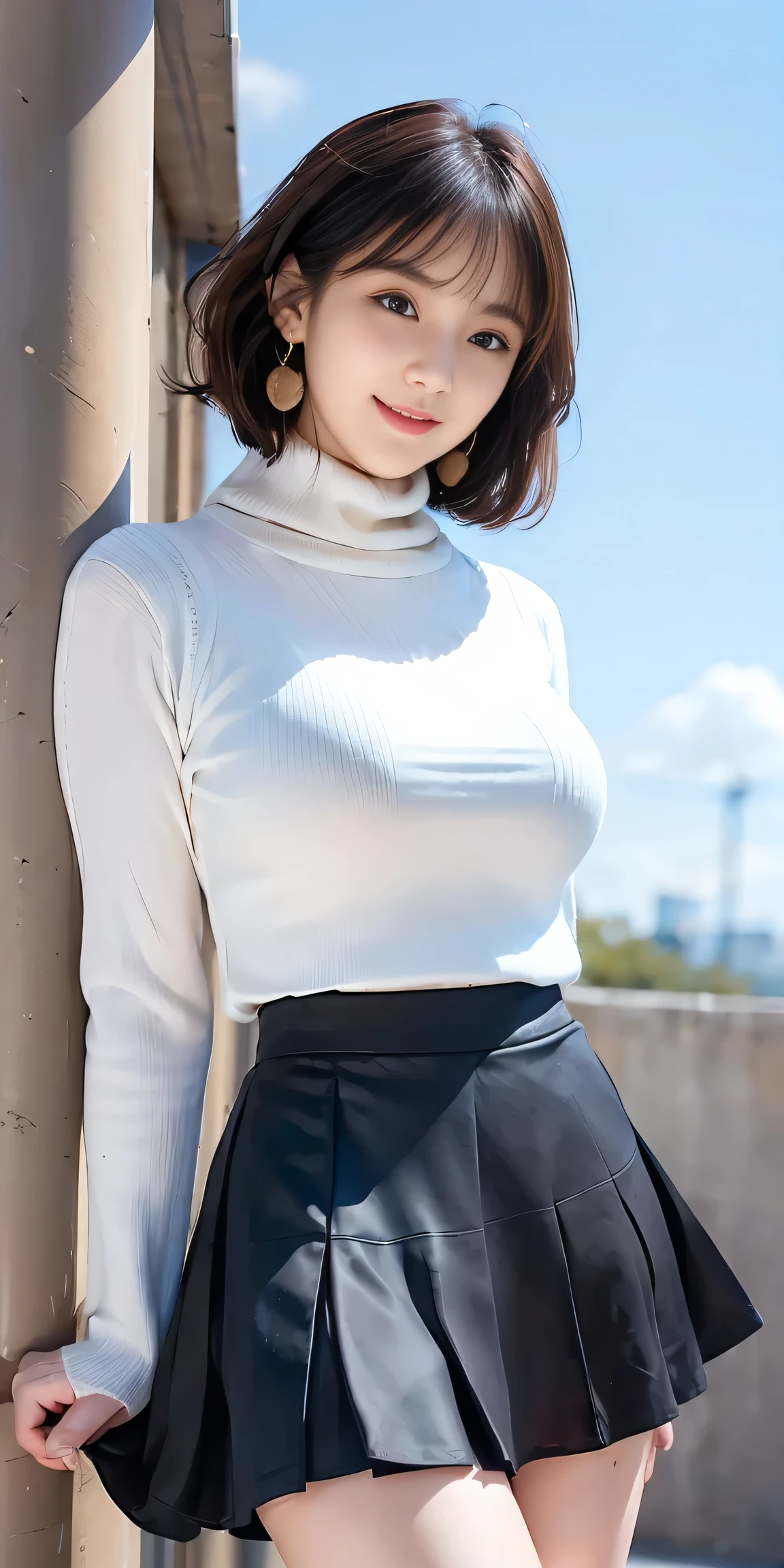 Female, 20 years old, short black wavy hair、bangss、Puffy nipple、(White Turtleneck Knit)、(Blue long skirt), Black stockingedium milk, cute smile face、((Poses that emphasize the buttocks、turned around))、sexy hips、Black High Heels、Big necklace、((((the wind blew my skirt, expose my panties...))))、(Light blue lace panties)、Cute earrings、(Tilt your head slightly) with sexy body with black bra and underwear in the bedroom