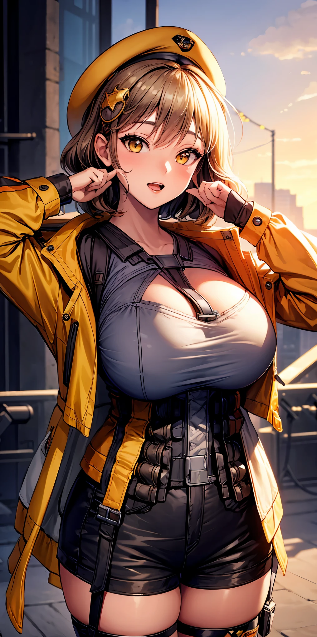 masterpiece, best quality, highres, 1girl, nikke, anis, Cross-eyed, short-hair, open mouth, large full breasts, Brown hair, hair adornments, brown-eyed, Yellow eyes, beret, standing, salute, cowboy shot