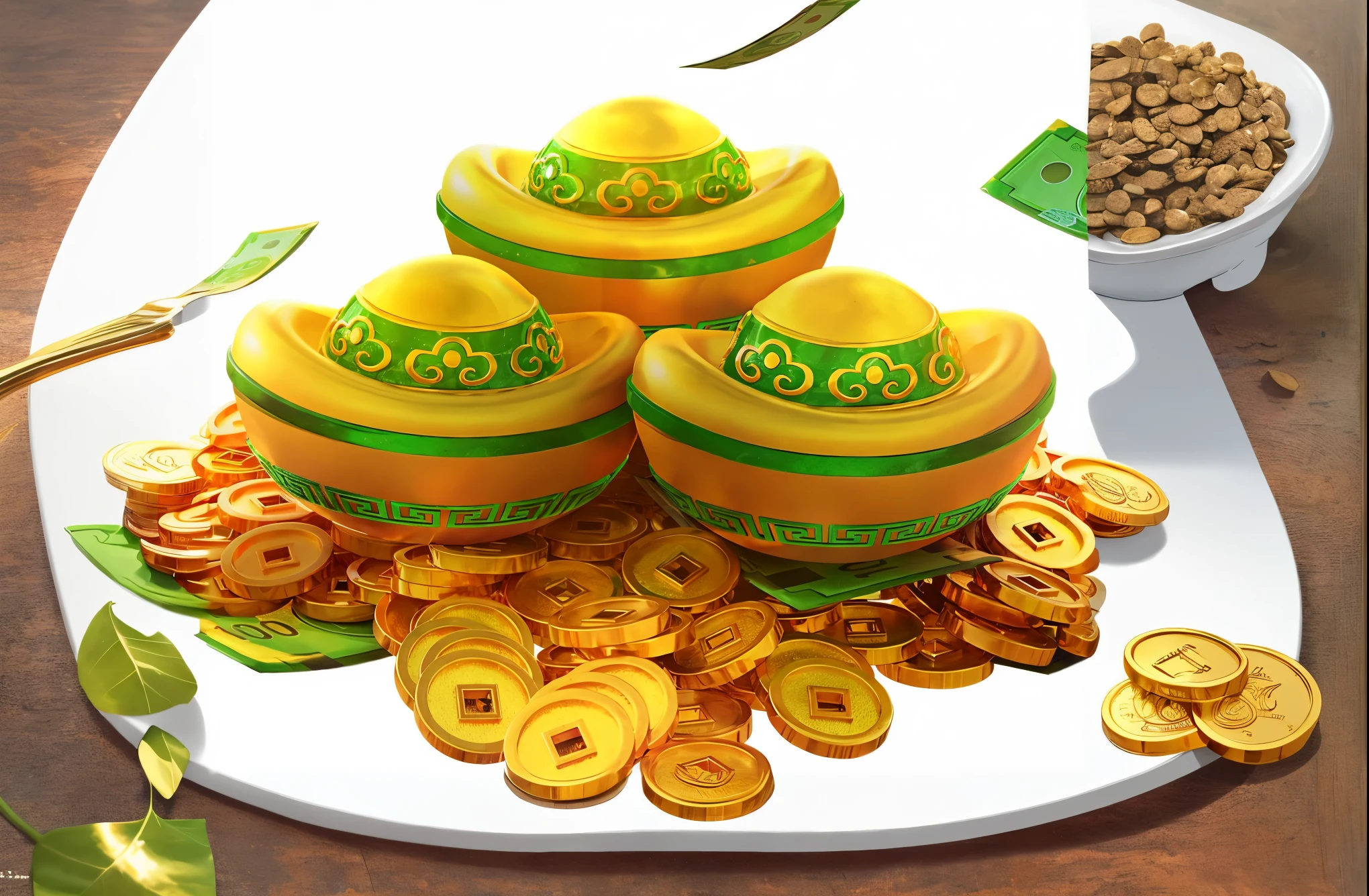 Three Chinese ingots and a pile of gold coins