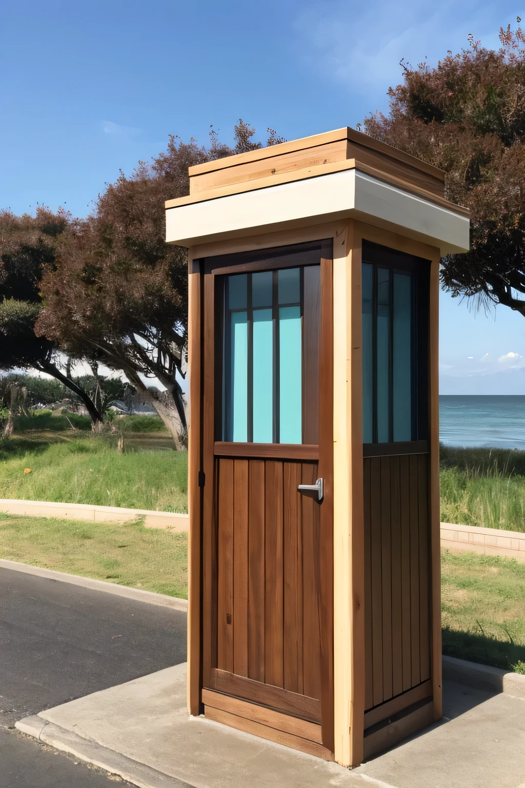 Wooden public toilet installed on the coast