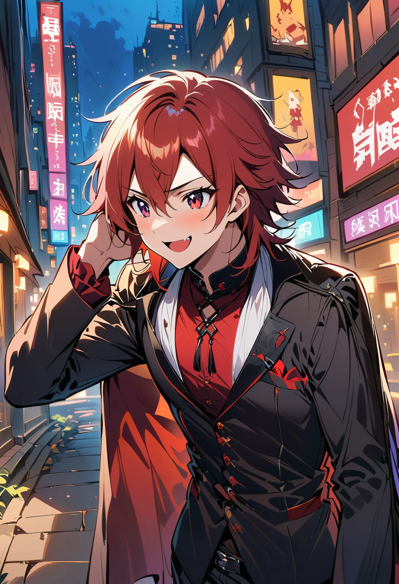 anime character Red hair and a black jacket, Red hair, anime handsome guy, Male anime characters, 1 boy, alone, Zhou Wang Meiqin, k items, (((vampire))), crazy, malkavia, city in background, (night), giggle, Cowboy shooting, dynamic lighting