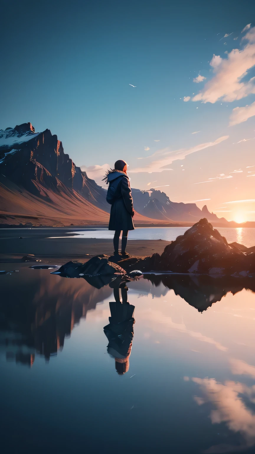 a person standing on a rock in front of a body of water, pexels contest winner, unsplash contest winning photo, unsplash photo contest winner, unsplash contest winner, iceland photography, next to the reflecting ocean, girl standing on cliff, mountains and ocean, girl standing on mountain, iceland landscape photography, trending on unsplash, image full of reflections