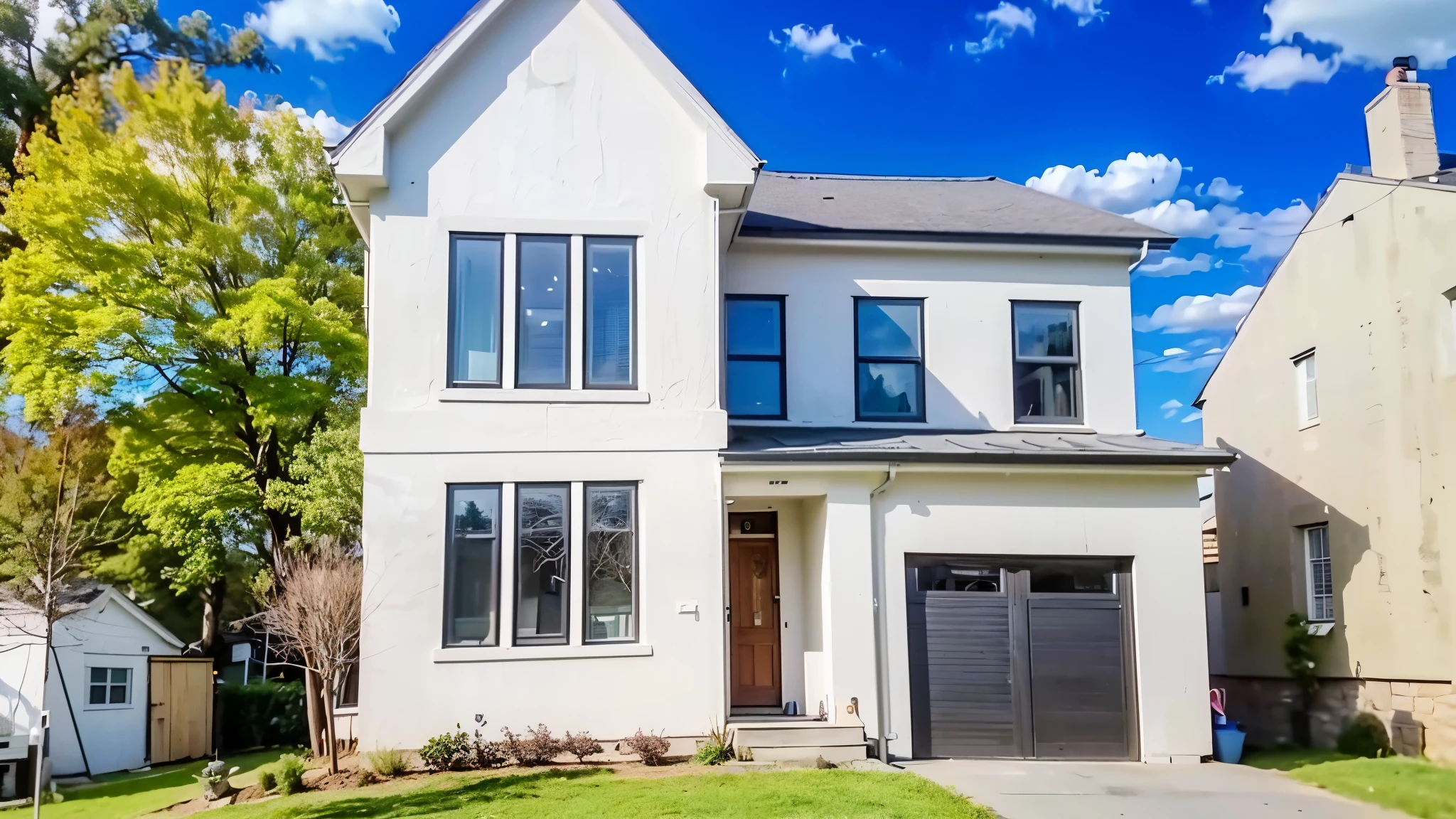 there is a white house with a black garage door and a white house with a black door, neotraditional modern, wide angle exterior 2022, exterior wide shot, 4 0 9 6, rendering, all white render, in front of a two story house, exterior design, exterior photography, 2029, render to resolute perfection, same design, realistic image, 16k resolution, very detailed