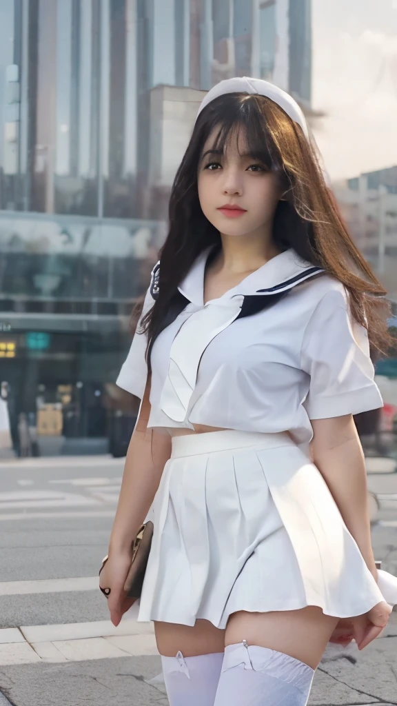 Medium shot, medium shot, depth of field, bust, upper body, cinematic angle, masterpiece, best quality, super detailed, CG, 8K wallpaper, pretty face, delicate eyes, a maiden, solo, white long hair, yellow eyes, hairpin, white shirt, black hooded jacket, black baseball cap, black stockings, black over-the-knee boots, show her panty cameltoe, sunset, medieval port, harbor, detailed water surface, sun reflection