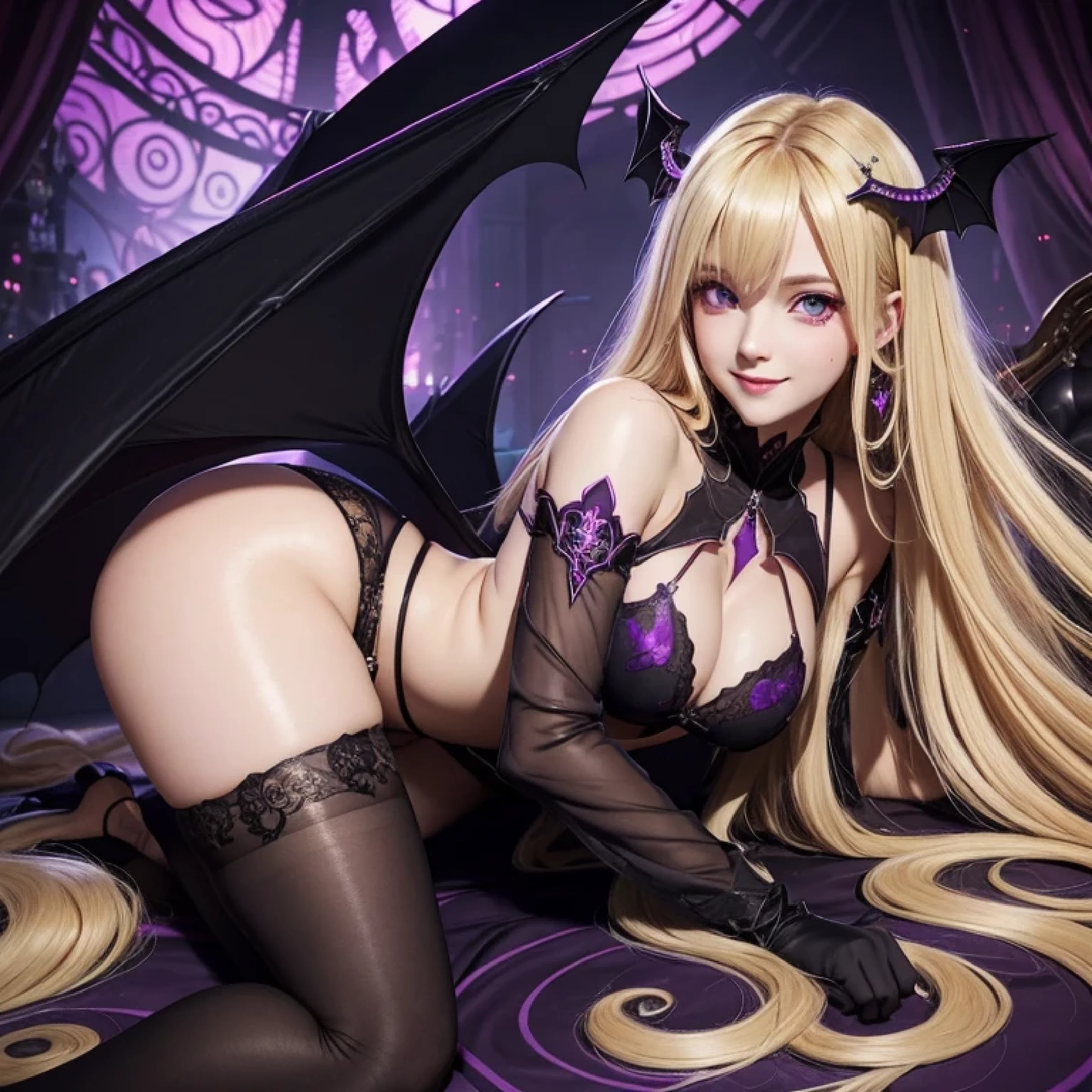 black stockings,beauty,transparent clothes,purple underwear,long hair,blonde,shining eyes,Swirl pattern,captivating gaze,archaic smile,spiral,bat wings,heart mark,Succubus,red eyes,big ass,