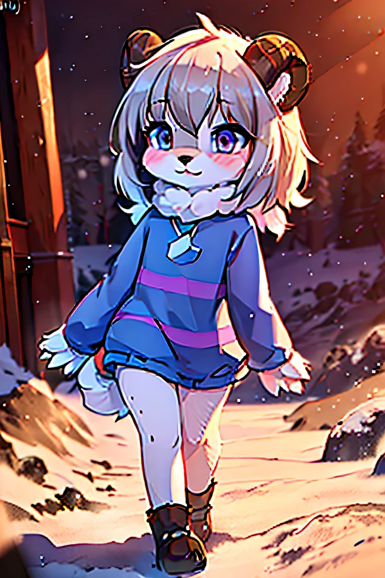 (best quality,4k,8k,highres,masterpiece:1.2),ultra-detailed,(realistic,photorealistic,photo-realistic:1.37),female furry,undertale goat frisk,princess long dress,snowdin,fluffy fur and tail,full body,goat female furry,fur texture,playful expression,vivid colors,sharp focus,portrait style,detailed horns,soft lighting,magic atmosphere,winter landscape,happy and lively,fantasy