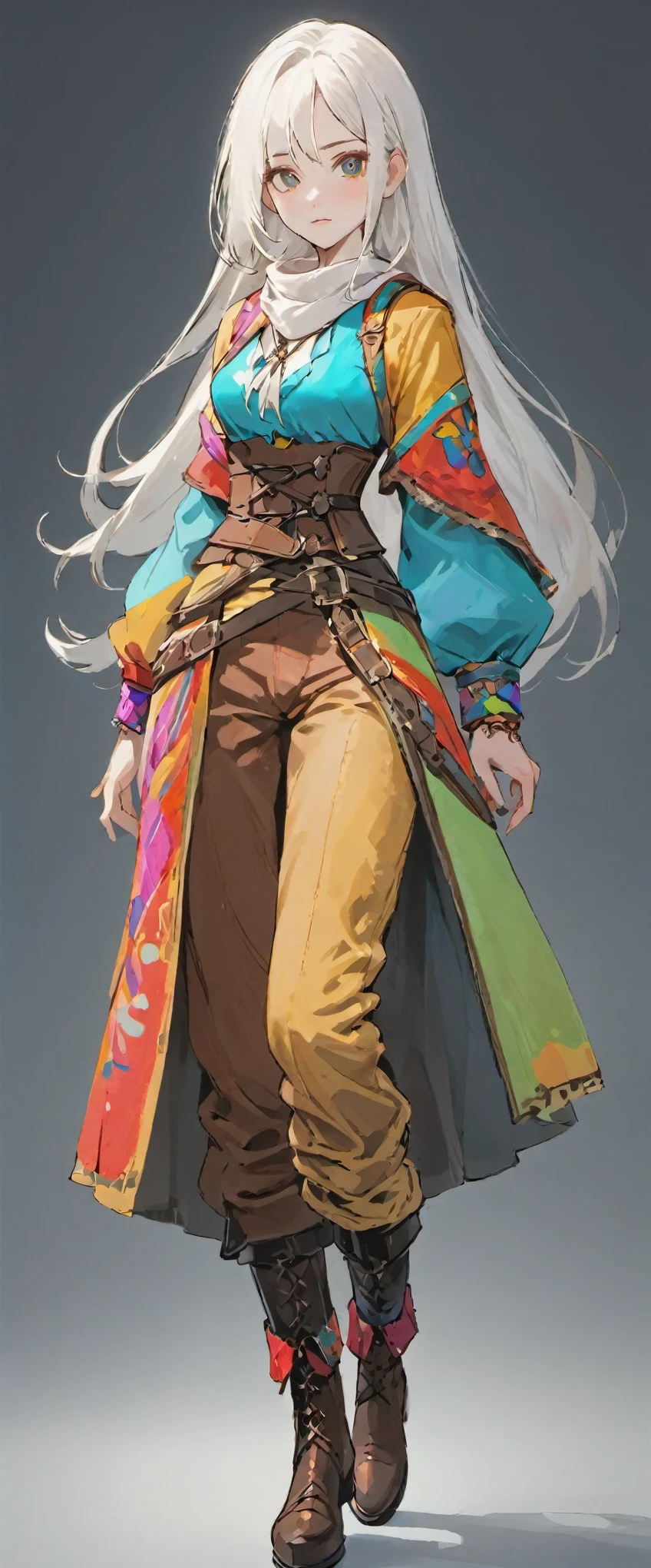 ((medium long white hair)), white hair, female adventurer, full body, game art style, (masterpiece), (colorful clothing 1:5), scarves, leather belts, half skirt over pants and boots, flowing blouse and leather corset, best quality, highres, 4k, 8k, Detailed Illustration, intricate detail, cinematic lighting, amazing quality, 1girl, fit female, amazing shading, soft lighting, facing camera, perfect eyes