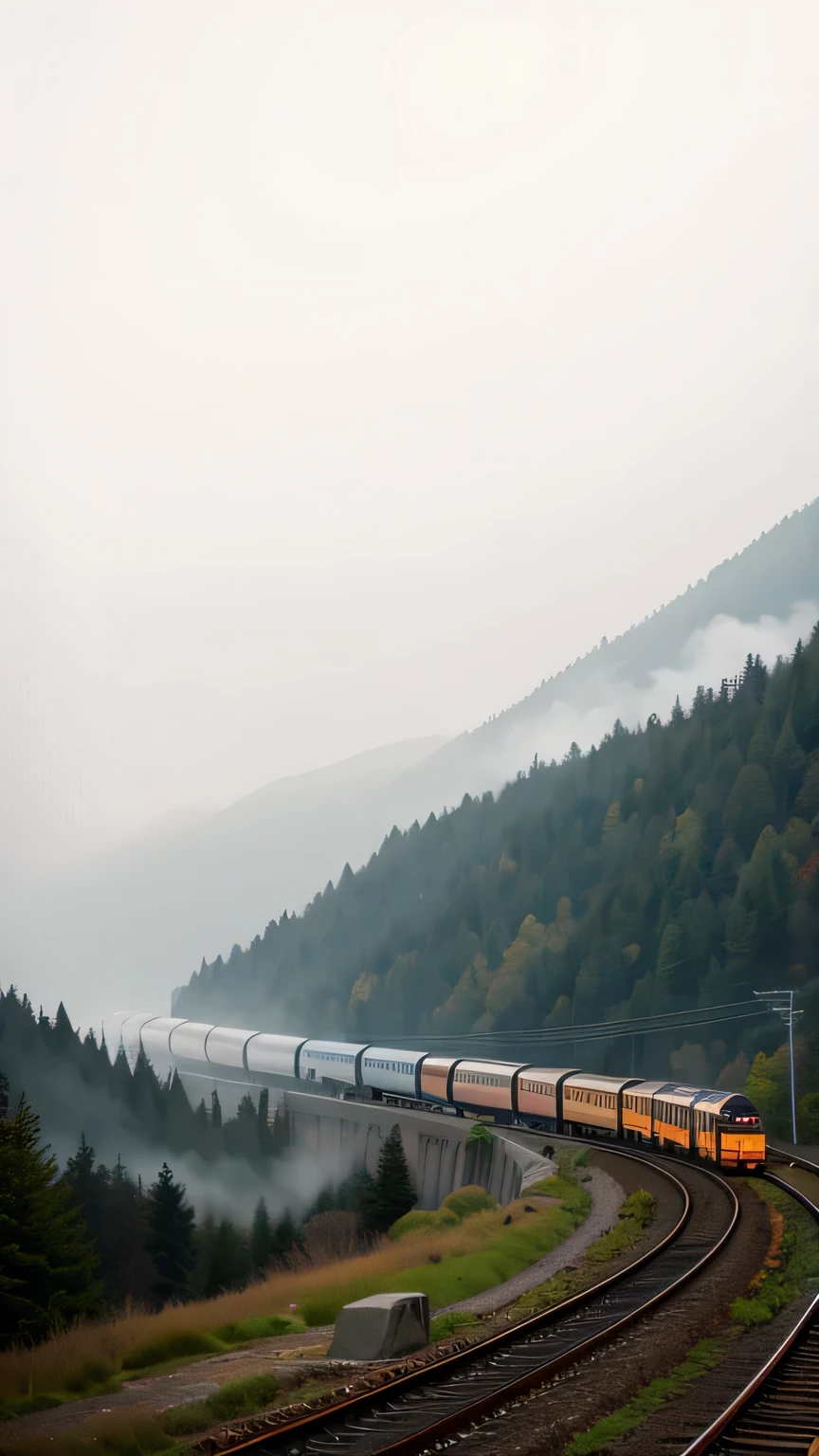 there is a train that is traveling down the tracks in the mountains, gloomy and foggy atmosphere, mountains in fog background, foggy weather atmosphere, gloomy foggy atmosphere, misty mountains, mist in valley, dark misty foggy valley, gloomy misty atmosphere, gray fog, foggy photo 8 k, misty clouds, foggy landscape, under a gray foggy sky, fog in background, mists