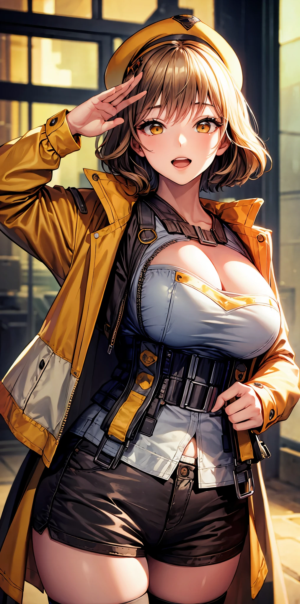 masterpiece, best quality, highres, 1girl, nikke, anis, Cross-eyed, short-hair, open mouth, large full breasts, Brown hair, hair adornments, brown-eyed, Yellow eyes, beret, standing, salute, cowboy  shot