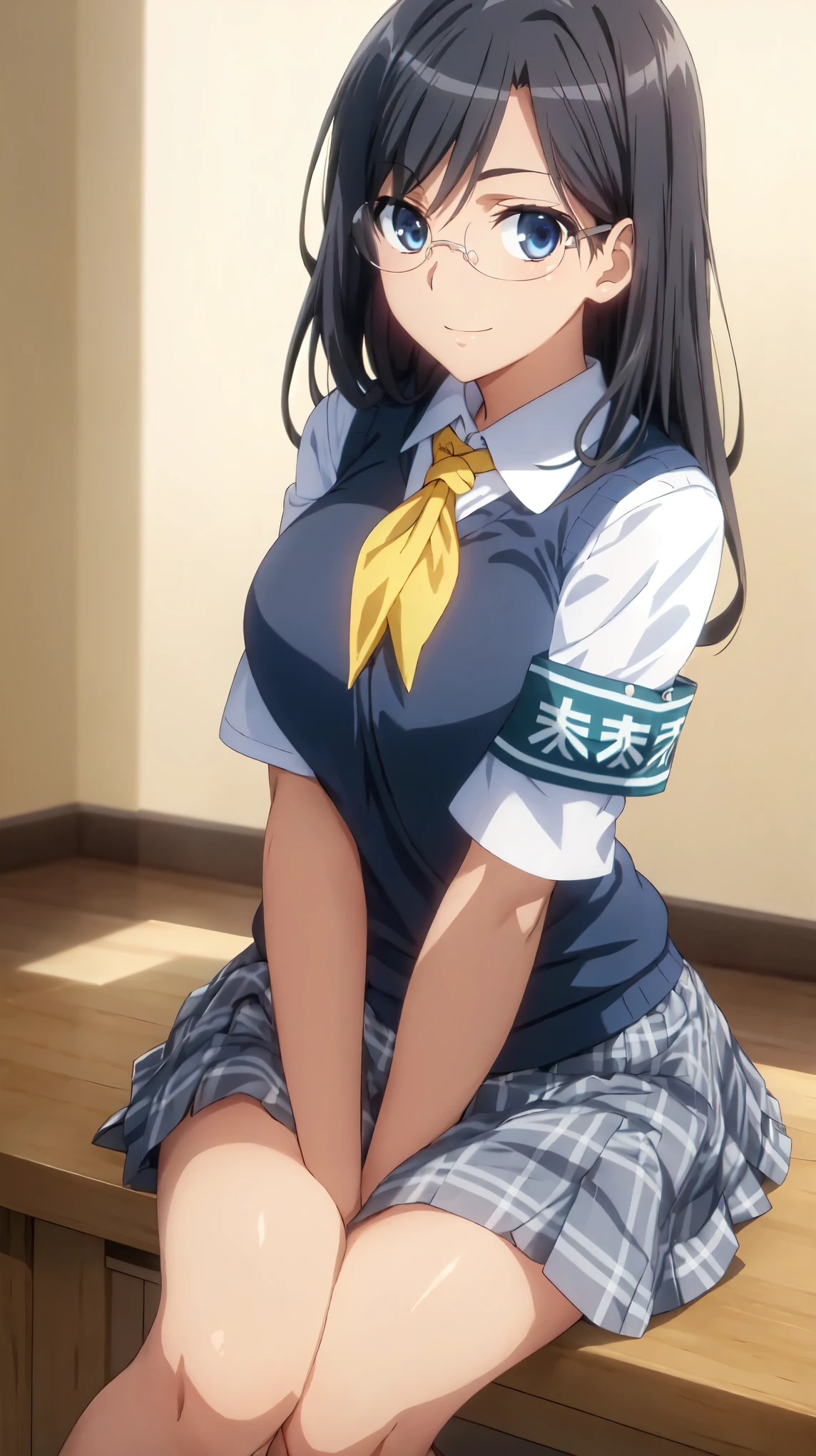 (masterpiece, highest quality, High resolution),(beautiful face:1.2), morning, anime,semi-long, (black hair, blue eyes, Glasses,:1.3) ,(bright yellow neckerchief:1.2),(vivid color,bright light),slender,straight hair,lift the skirt,Black legwear,(26 years old:1.2),collared shirt, sweater vest,large breasts,(Blue Vest:1.2), short sleeve, armband, plaid skirt, gray skirt, indoors, sitting, smile, open your mouth a little, Thigh,